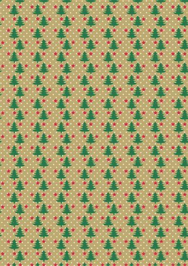 Afbeeldingen van Rol kerstpapier 30 cm 250 mtr kraft met kerstboompjes en sterren (uc)