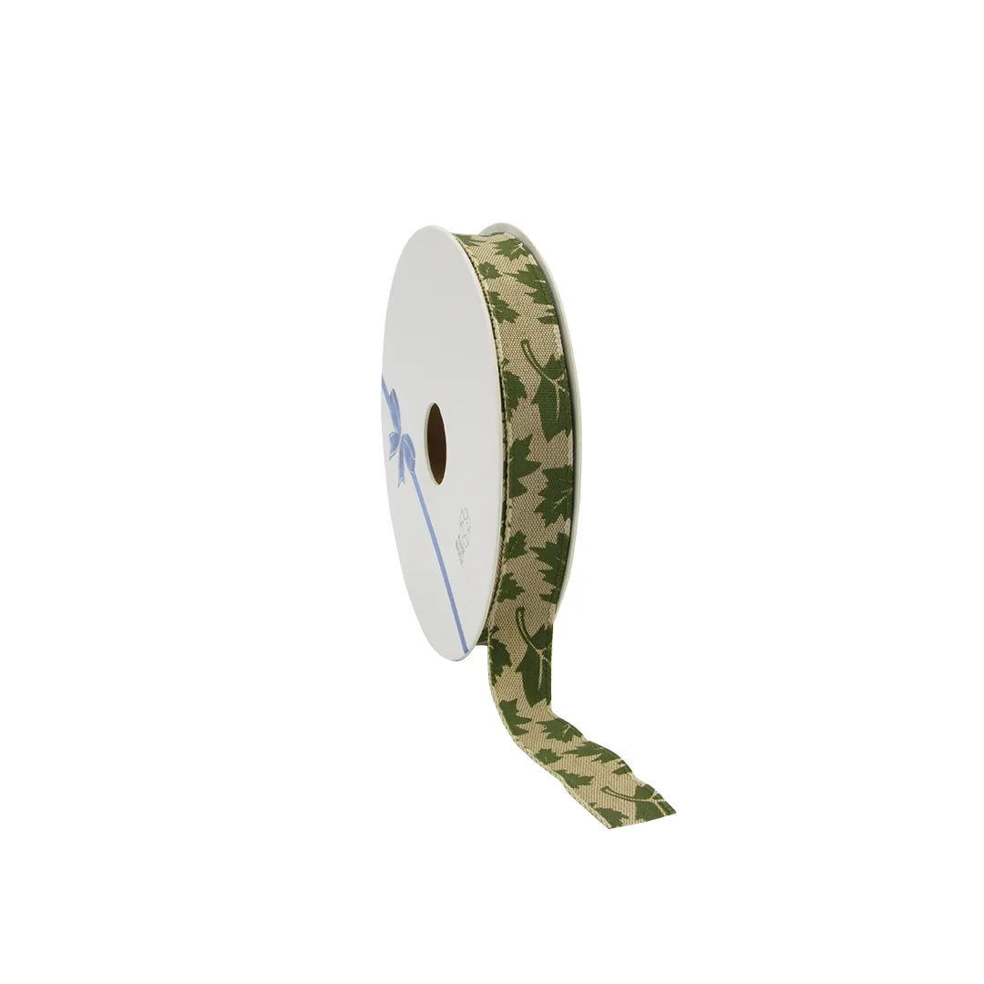 Afbeeldingen van Rol jute lint 15 mm 15 mtr herfstbladeren groen