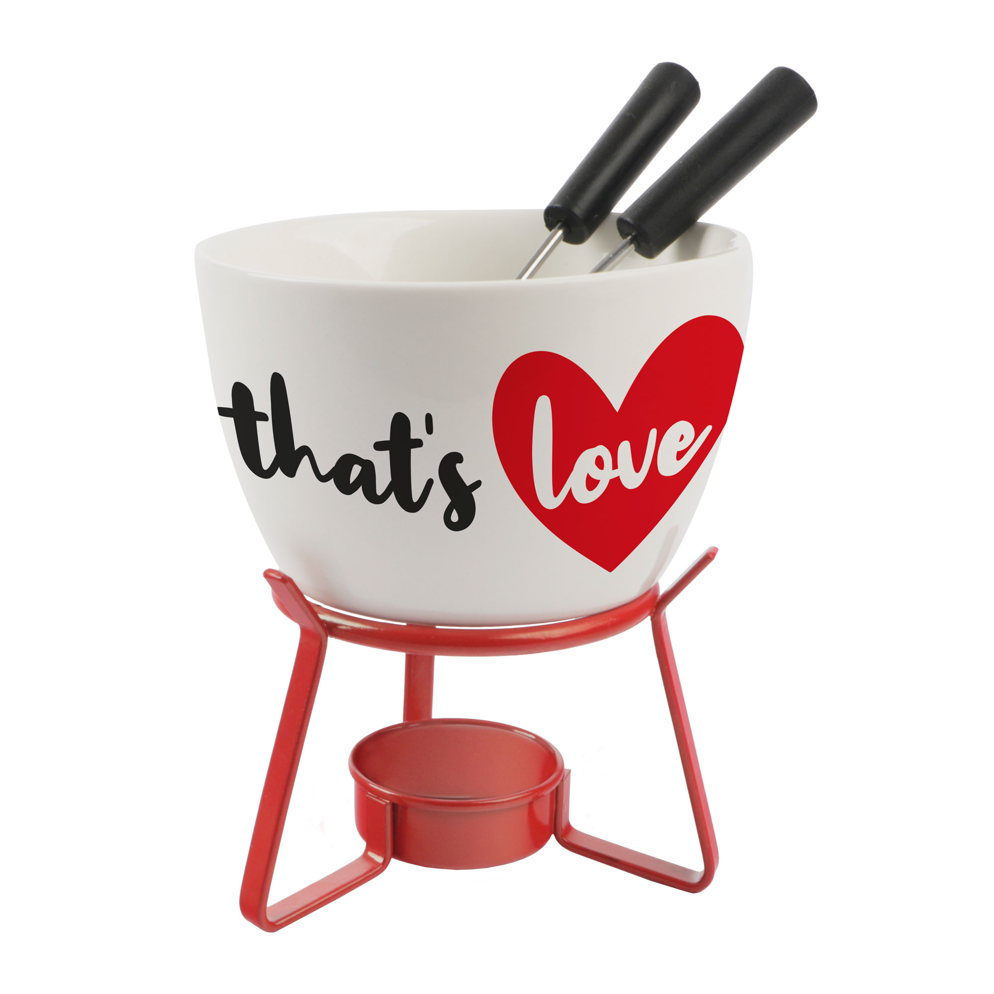 Afbeeldingen van Fondueset met 2 vorkjes wit/rood That's Love  