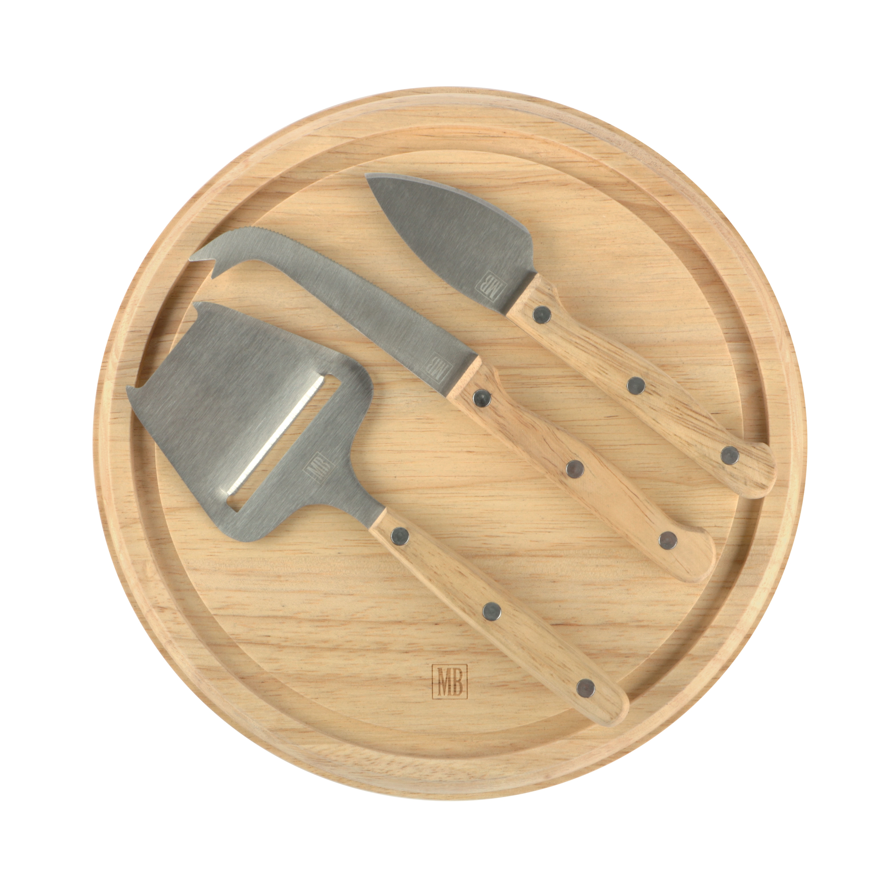 Afbeeldingen van Serveerplank rubberwood met 2 messen en kaasschaaf ø24x1,3 cm