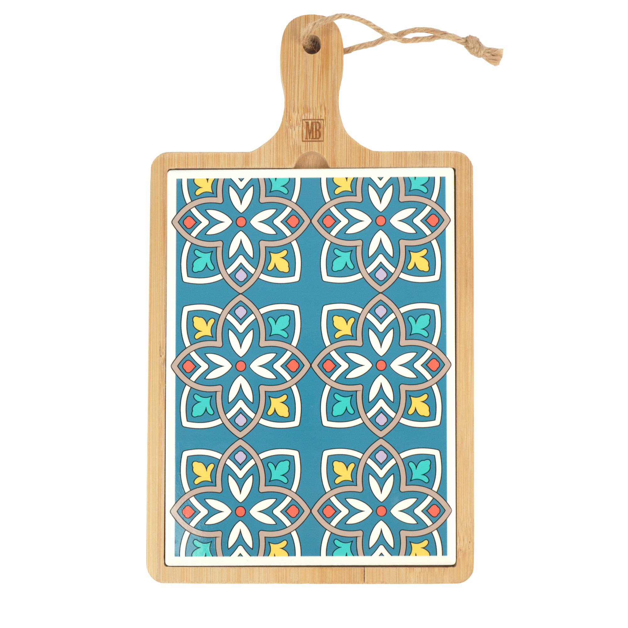 Afbeeldingen van Bamboe plank 17x29 cm met mes en keramiek tegel 