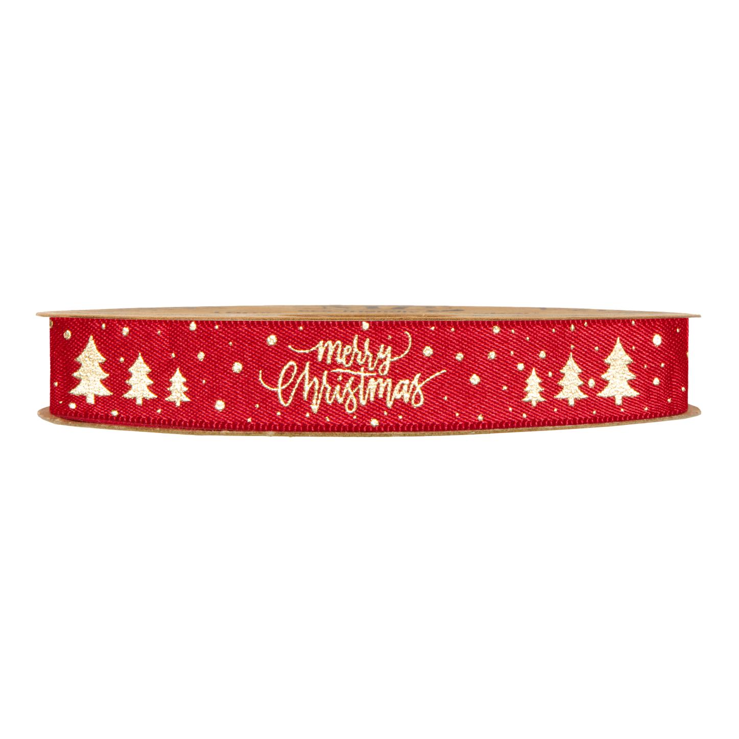 Afbeeldingen van Rol satijnlint 15 mm 20 mtr Merry Christmas rood