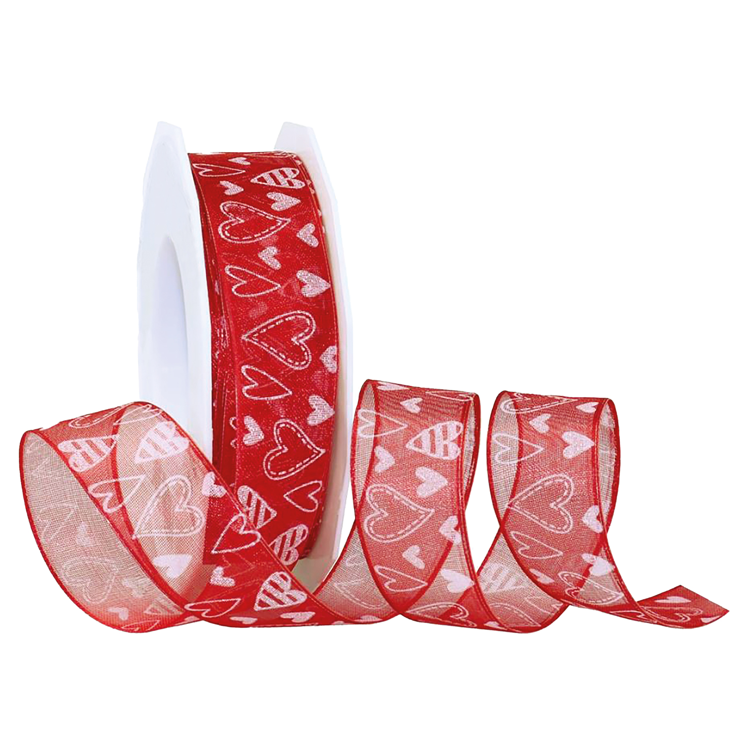 Afbeeldingen van Rol organzalint bedraad 25 mm 20 mtr hartjes rood/wit