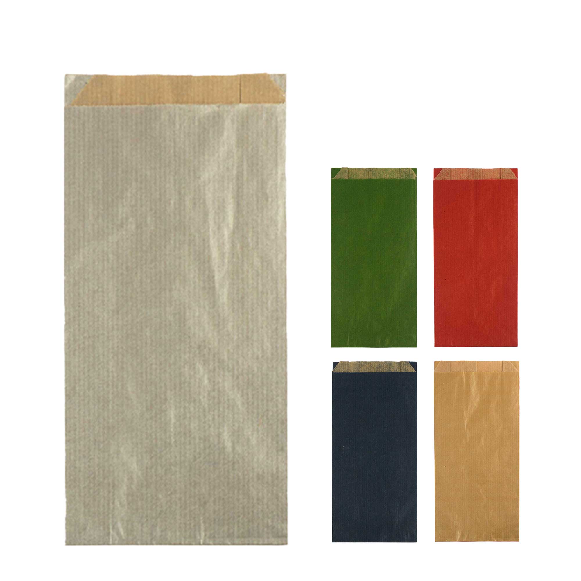 Afbeeldingen van Pak à 100 kadozak 14x28+2,5 cm bruin kraft assorti kleuren