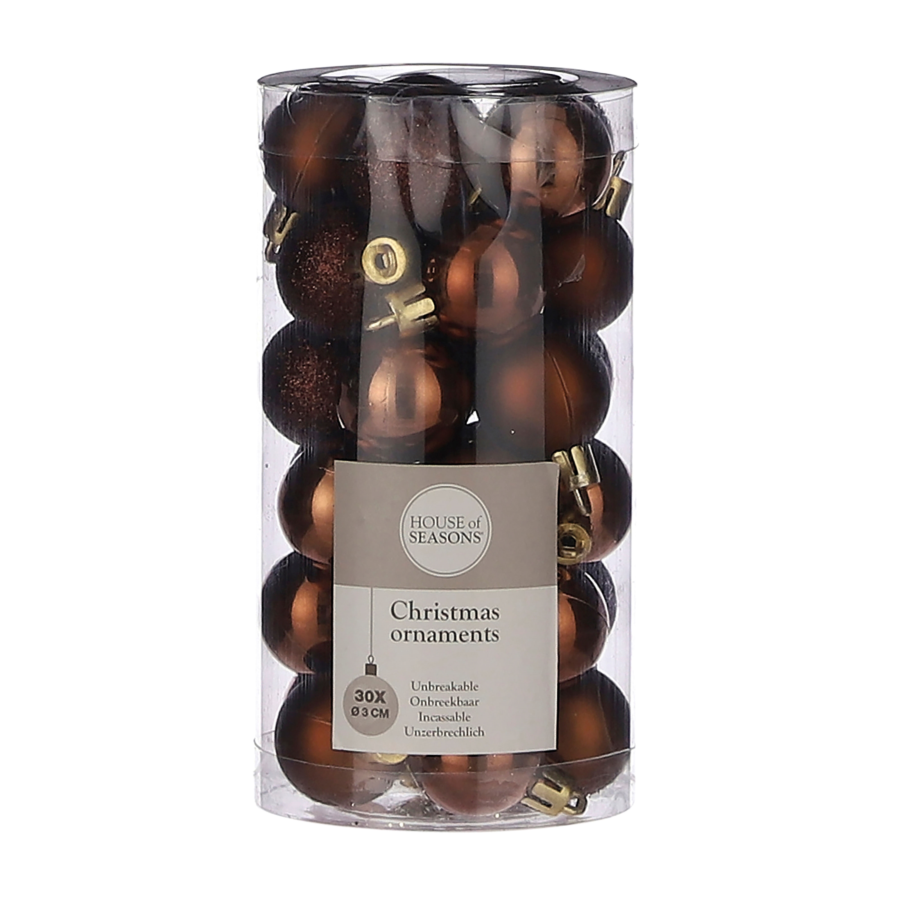 Afbeeldingen van Koker à 30 mini kerstbal onbreekbaar 3 cm bruin 