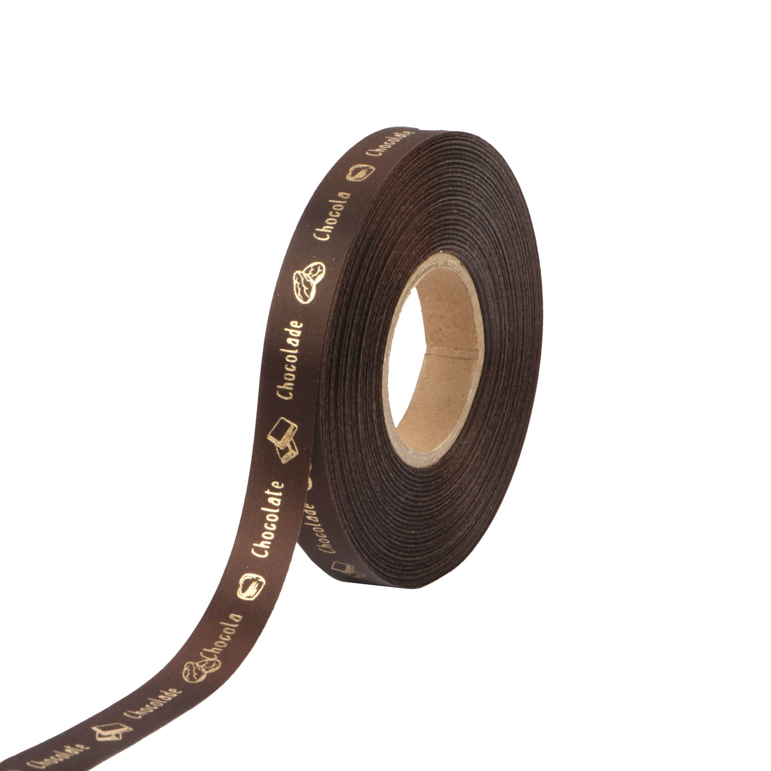 Afbeeldingen van Rol satijnlint 15 mm 50 mtr bruin met goud Chocola/Chocolate
