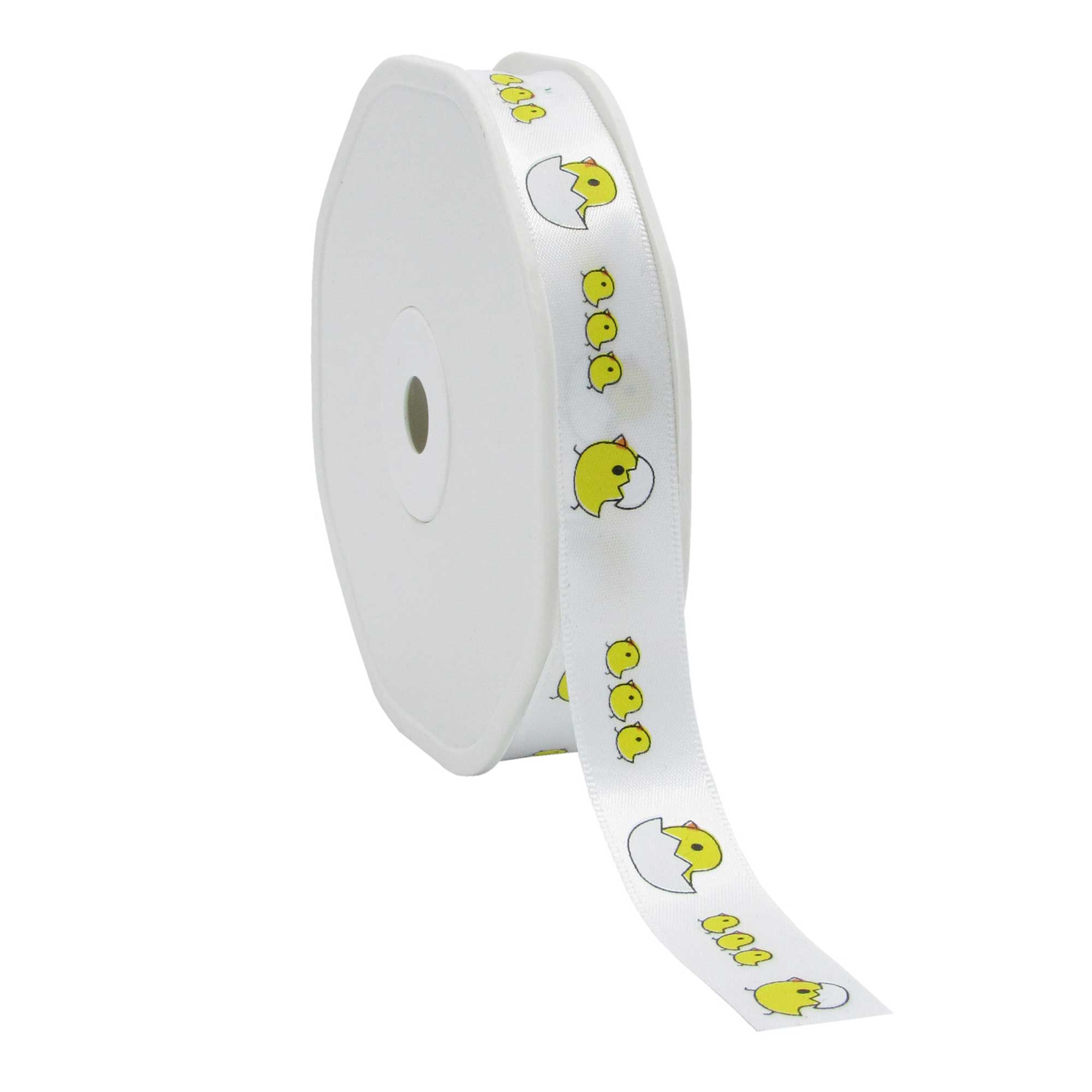 Afbeeldingen van Rol satijnlint 15 mm 25 mtr Kuikentjes wit 