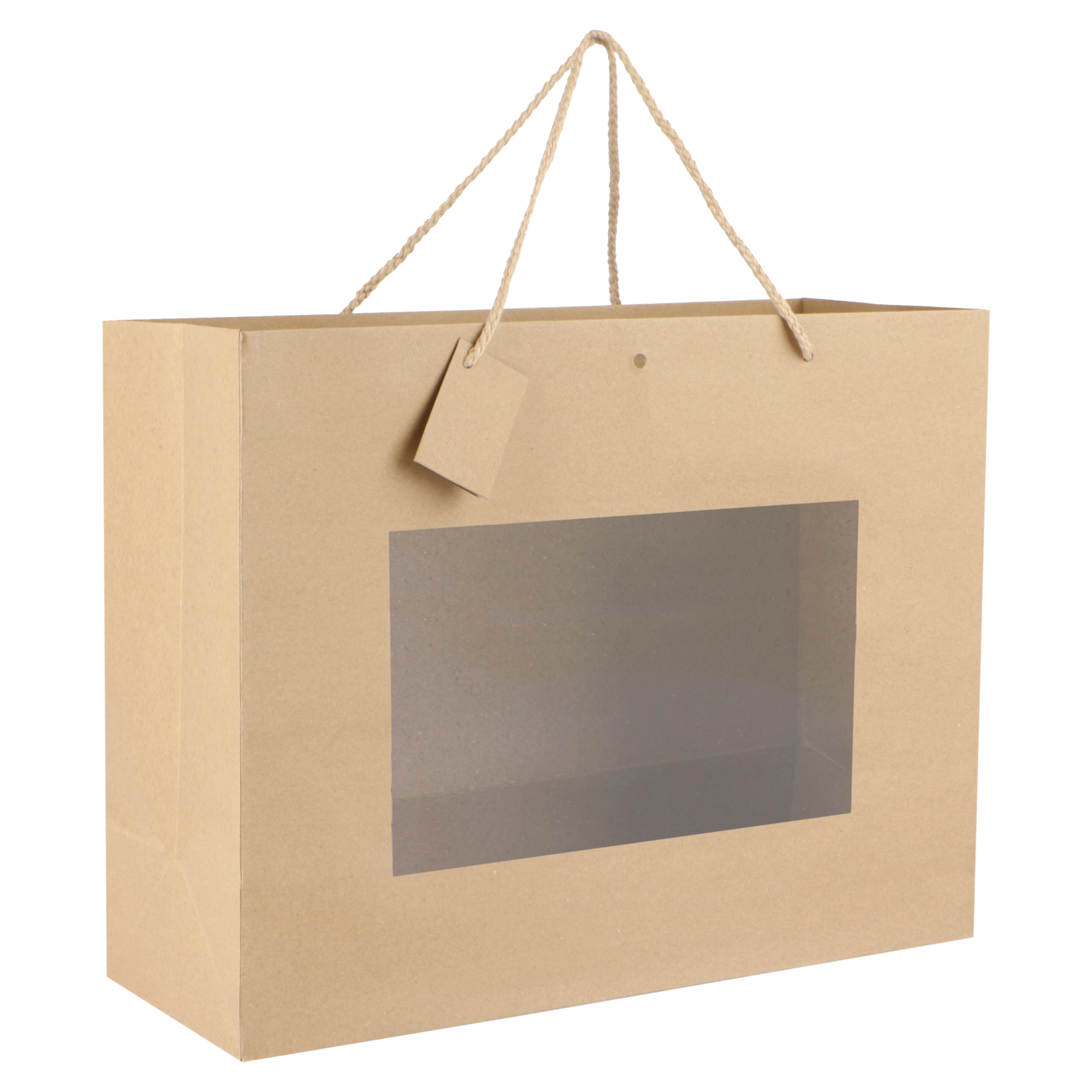 Afbeeldingen van Pak à 12 kadotas met venster 40+15x31 cm bruin kraft