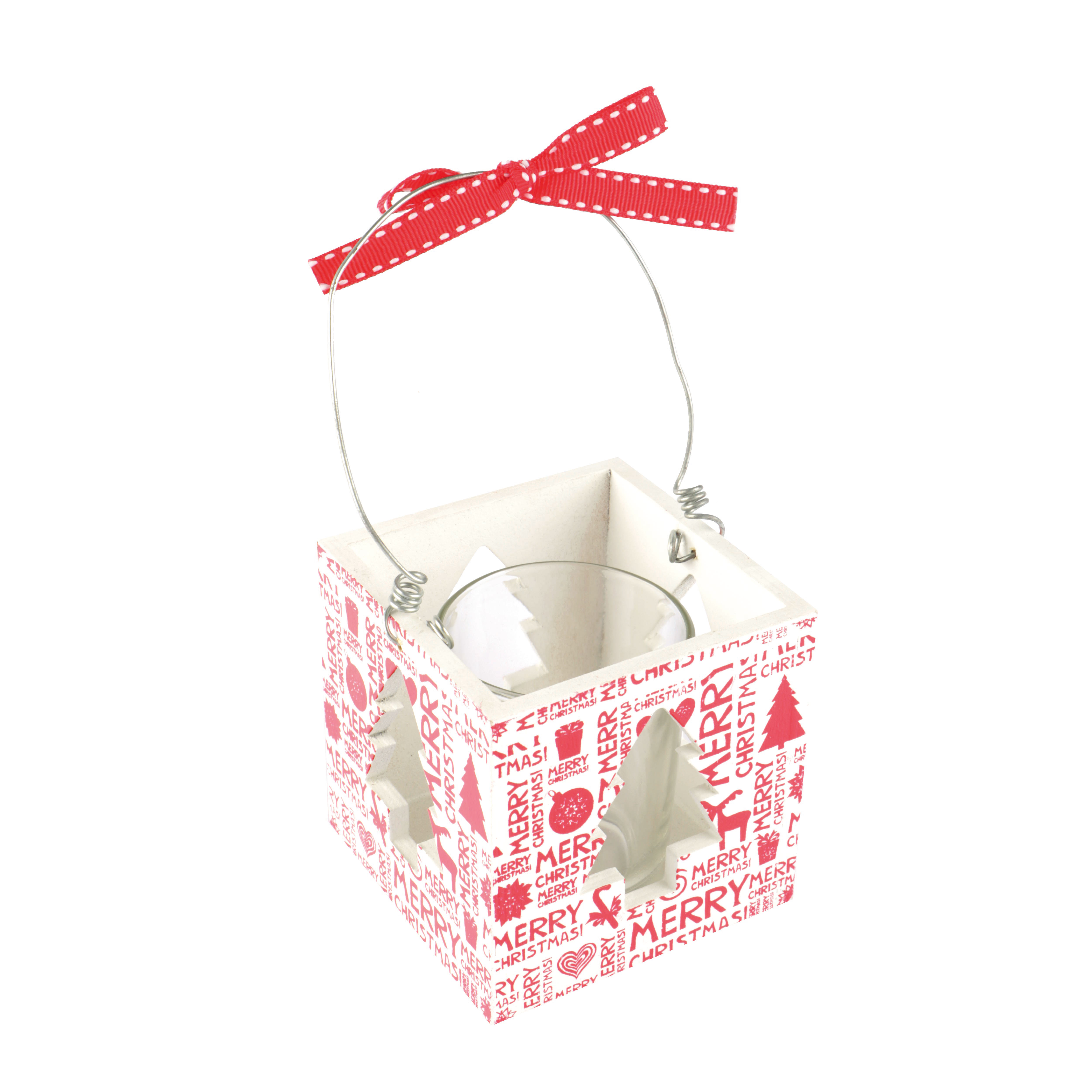 Afbeeldingen van Waxinelichthouder Kerst met hengsel en strik 8x8x8 cm