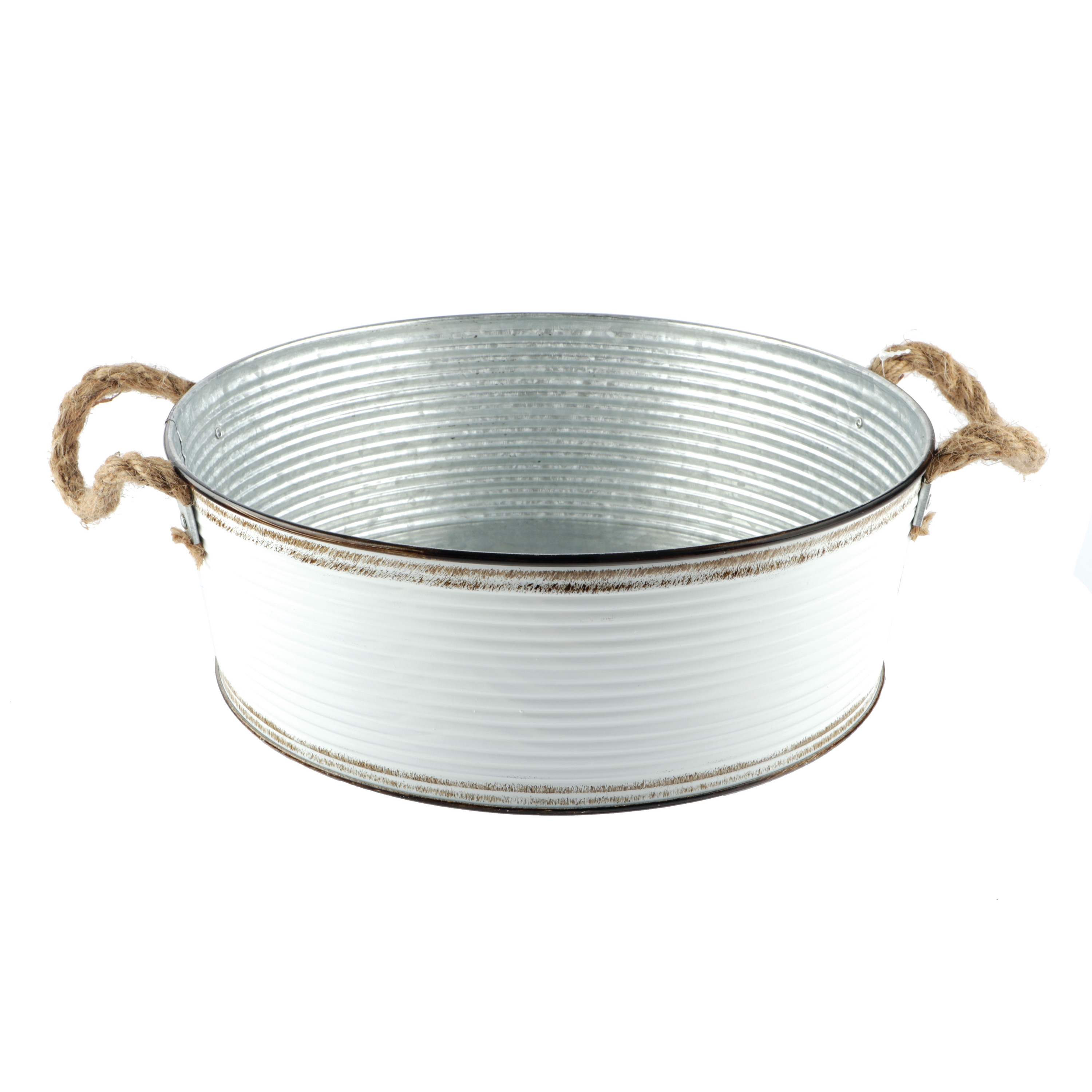 Afbeeldingen van Witte metalen bak met touwgrepen ø29x10 cm