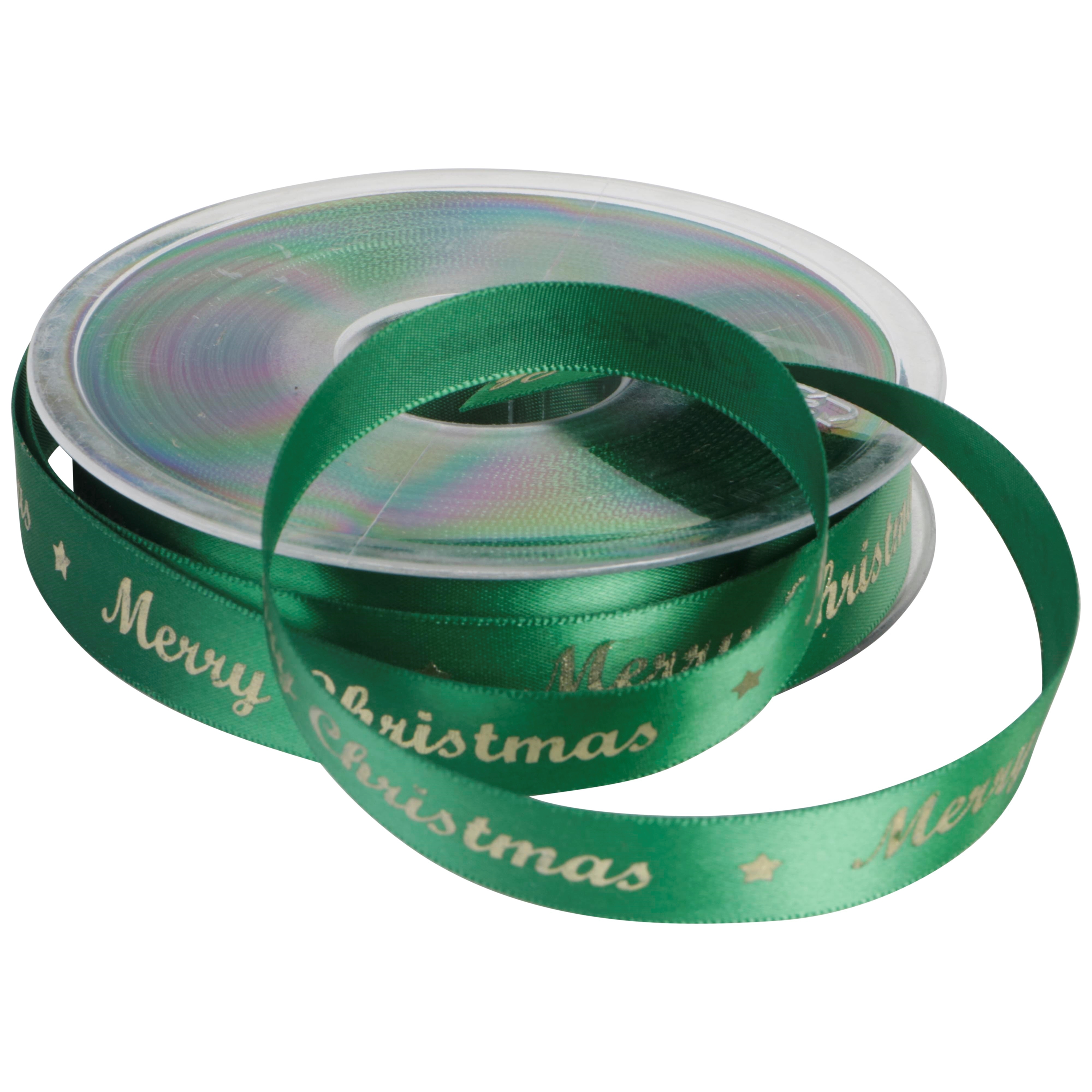 Afbeeldingen van Rol kerstlint satijn 15 mm 25 mtr groen Merry Christmas 