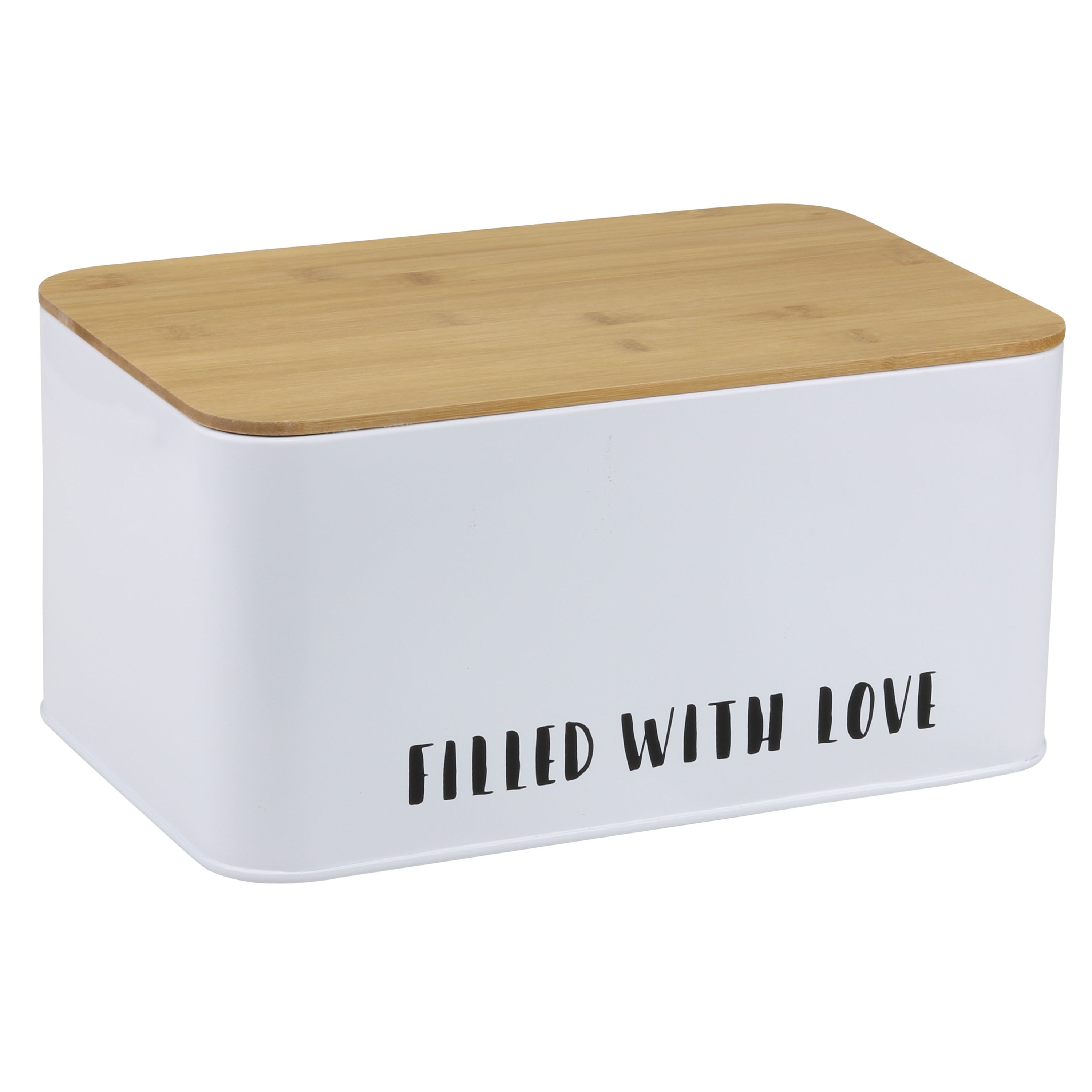 Afbeeldingen van Broodtrommel metaal 32x21x16 cm wit met bamboe deksel