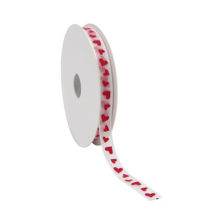 Afbeeldingen van Rol organzalint 10 mm 20 mtr wit met rode hartjes