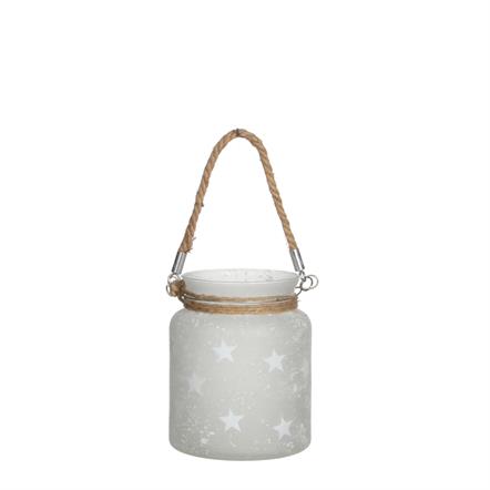 Afbeeldingen van Windlicht glas met touw, wit met sterren, 14x17 cm (uc)