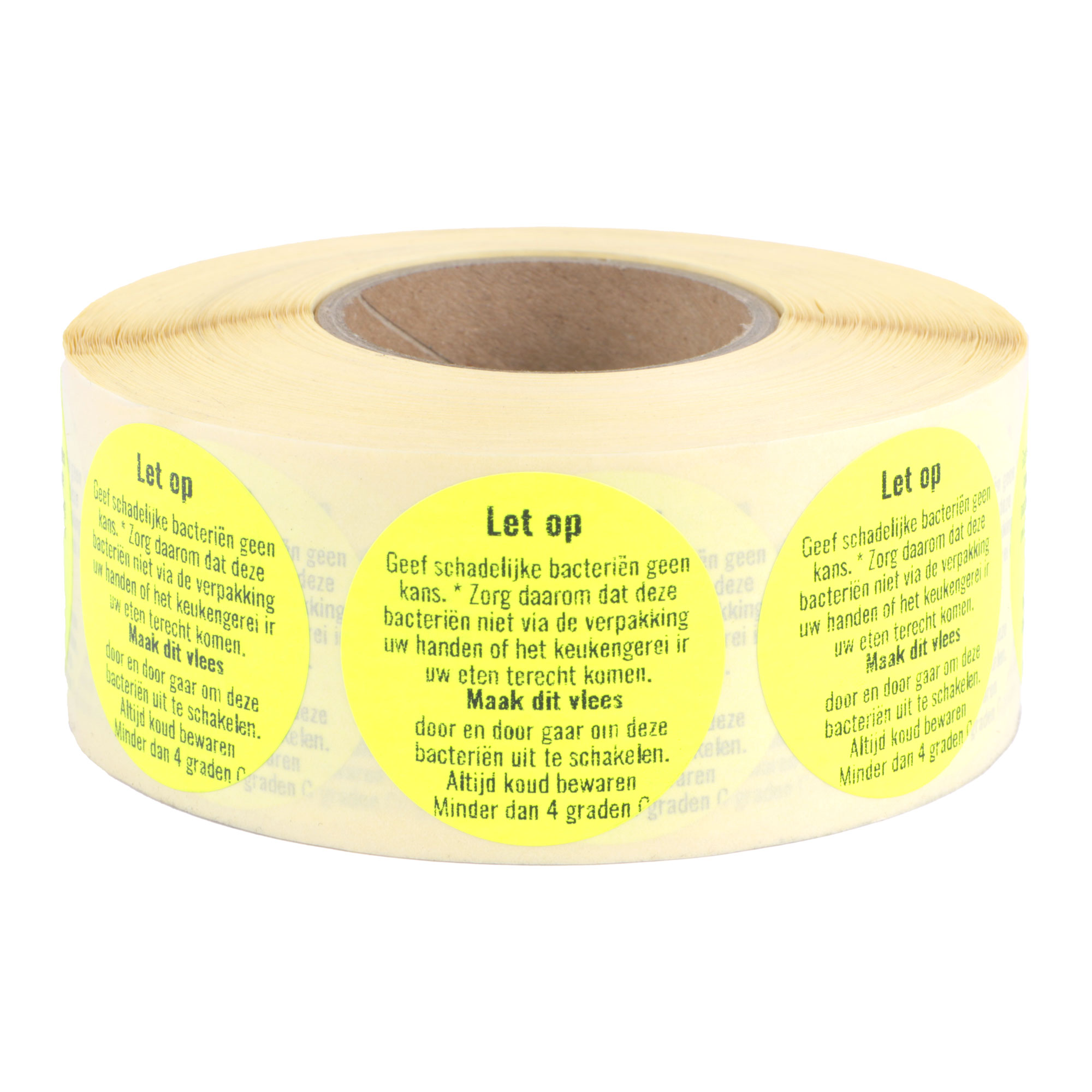 Afbeeldingen van Rol à 1000 etiket  geel r 3,5 cm met waarschuwing kip/poeliers (uc)