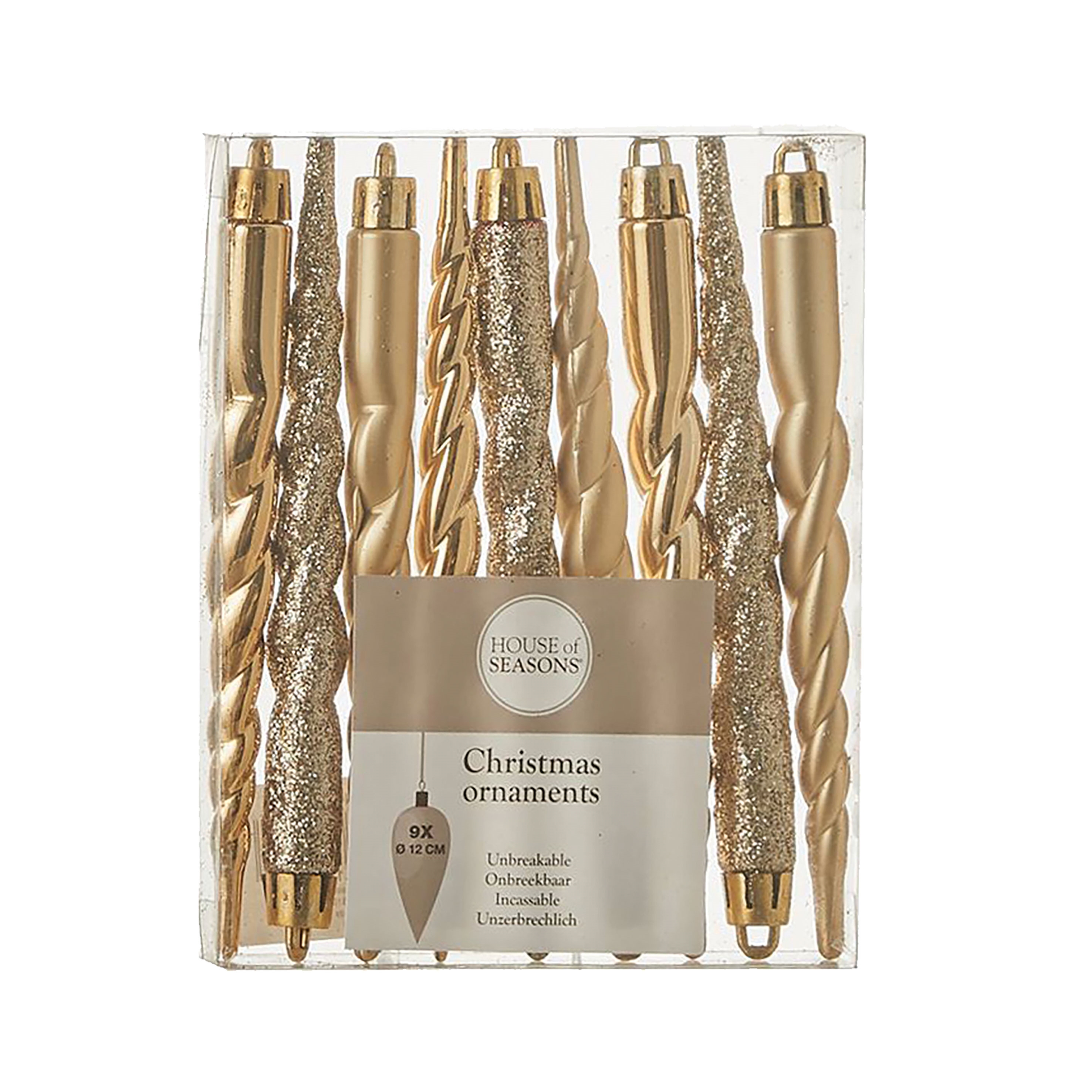 Afbeeldingen van Zakje à 9 kerstpegel 14 cm onbreekbaar, goud 