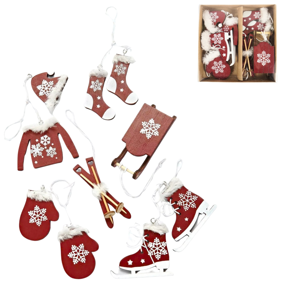 Afbeeldingen van Hangdecoratie kerst hout bordeaux/wit 10 cm set van 6