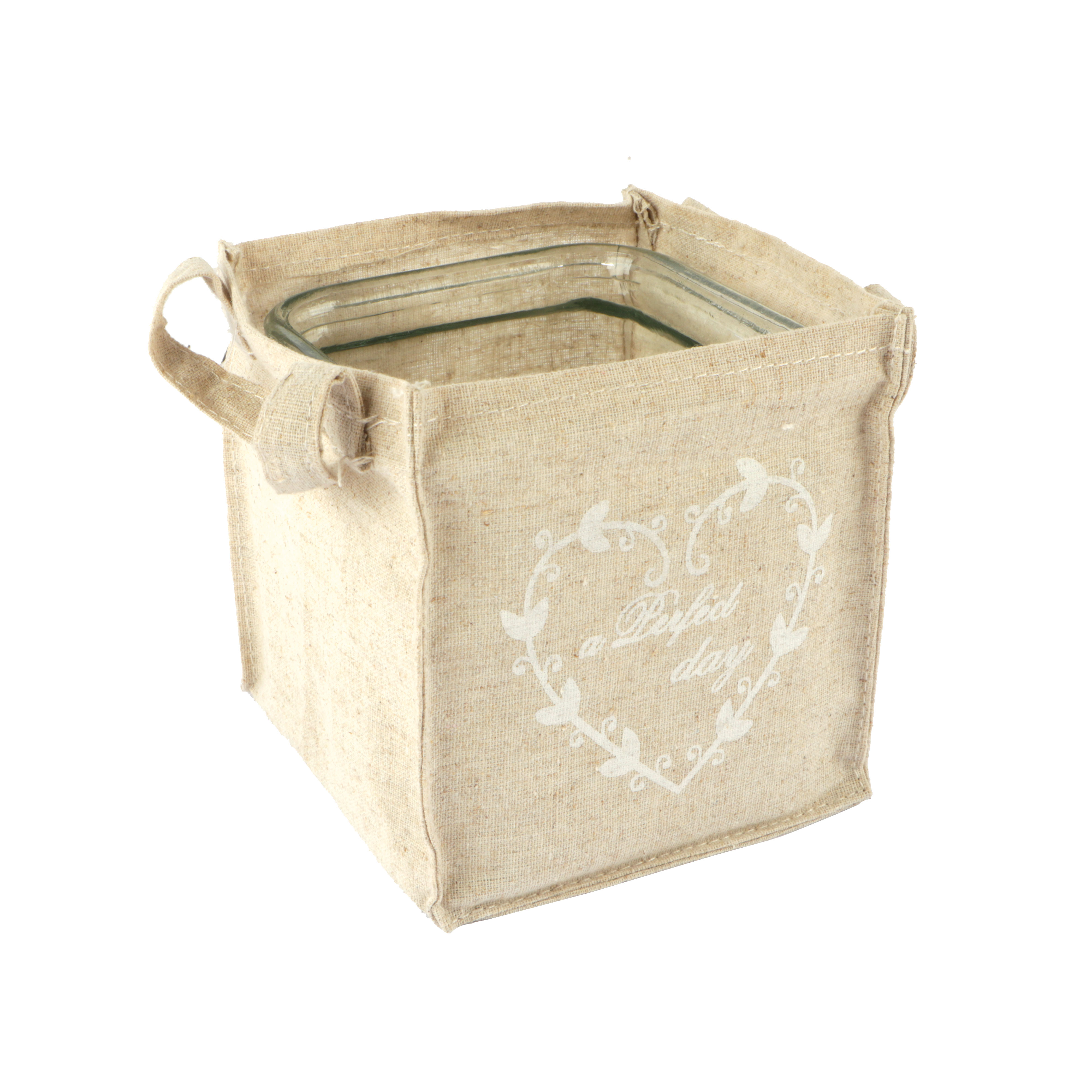 Afbeeldingen van Kaars houder glas in canvas tasje 13x13x14 cm