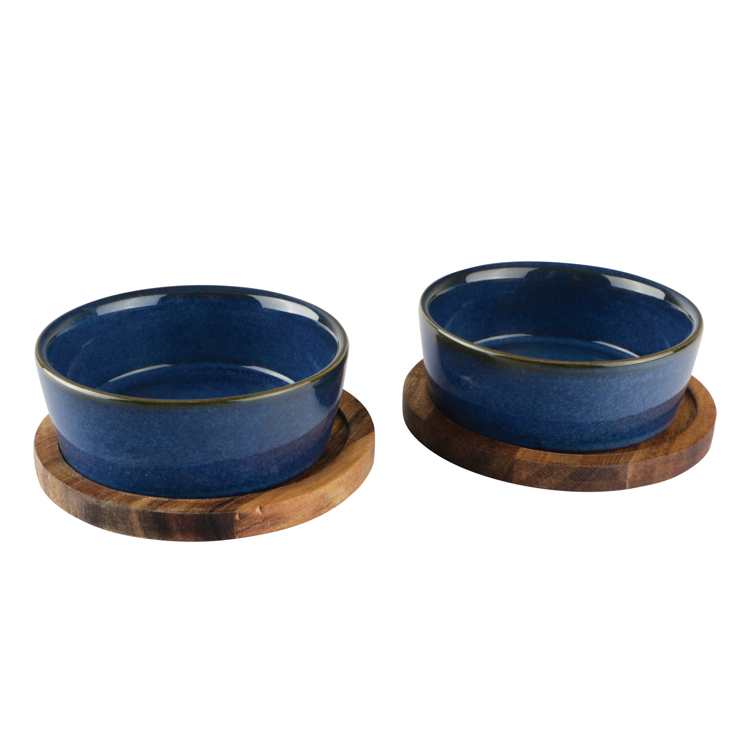 Afbeeldingen van Set à 2 acacia plank 10 cm met blauwe keramieken bakjes