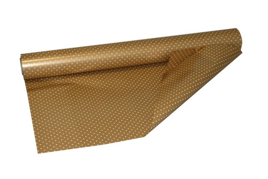 Afbeeldingen van Rol pp kadofolie 60 cm/50 mtr  parelmoer goud met witte stippen