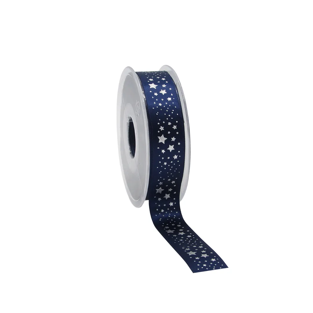 Afbeeldingen van Rol satijnlint 23 mm 25 mtr Wonderful stars blauw
