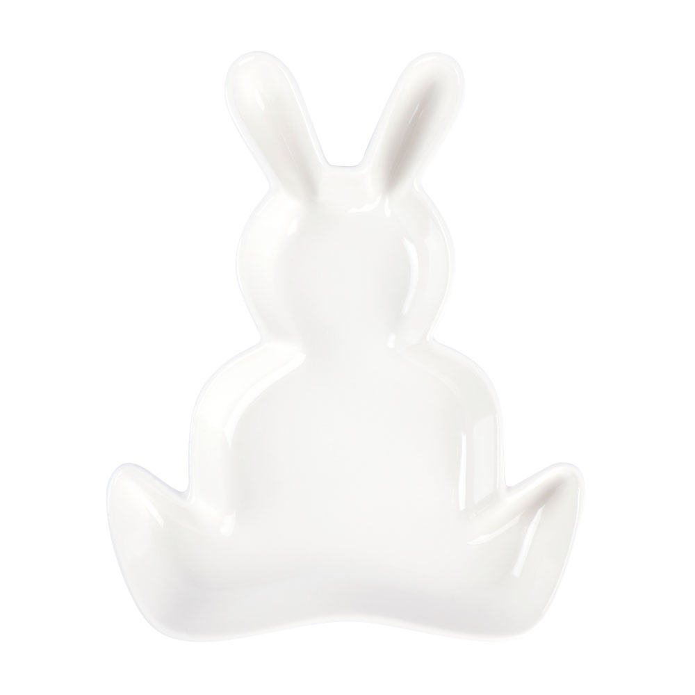 Afbeeldingen van Schaal Paashaas porselein wit 20x16,5x2,5 cm