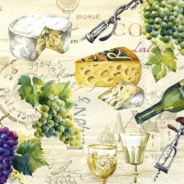 Afbeeldingen van Pak à 20 servetten 33x33 cm 3 laags Kaas en Wijn