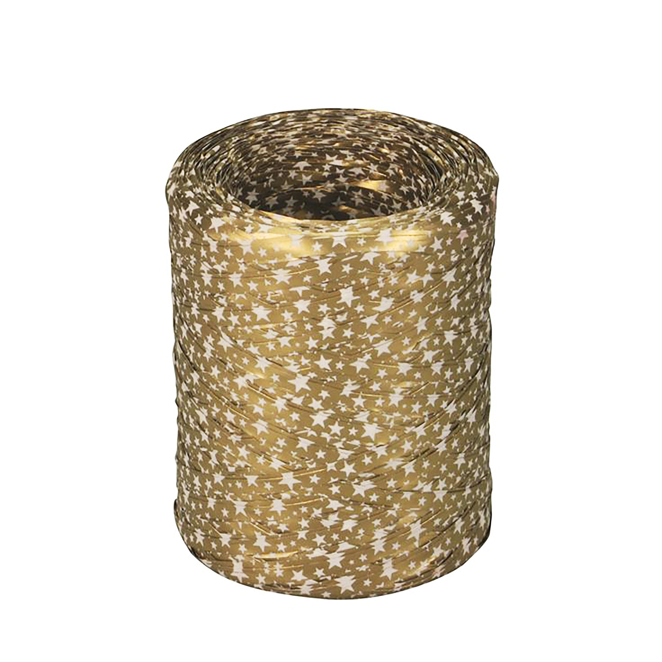 Afbeeldingen van Rol à 200 mtr raffia kerst goud met witte sterren