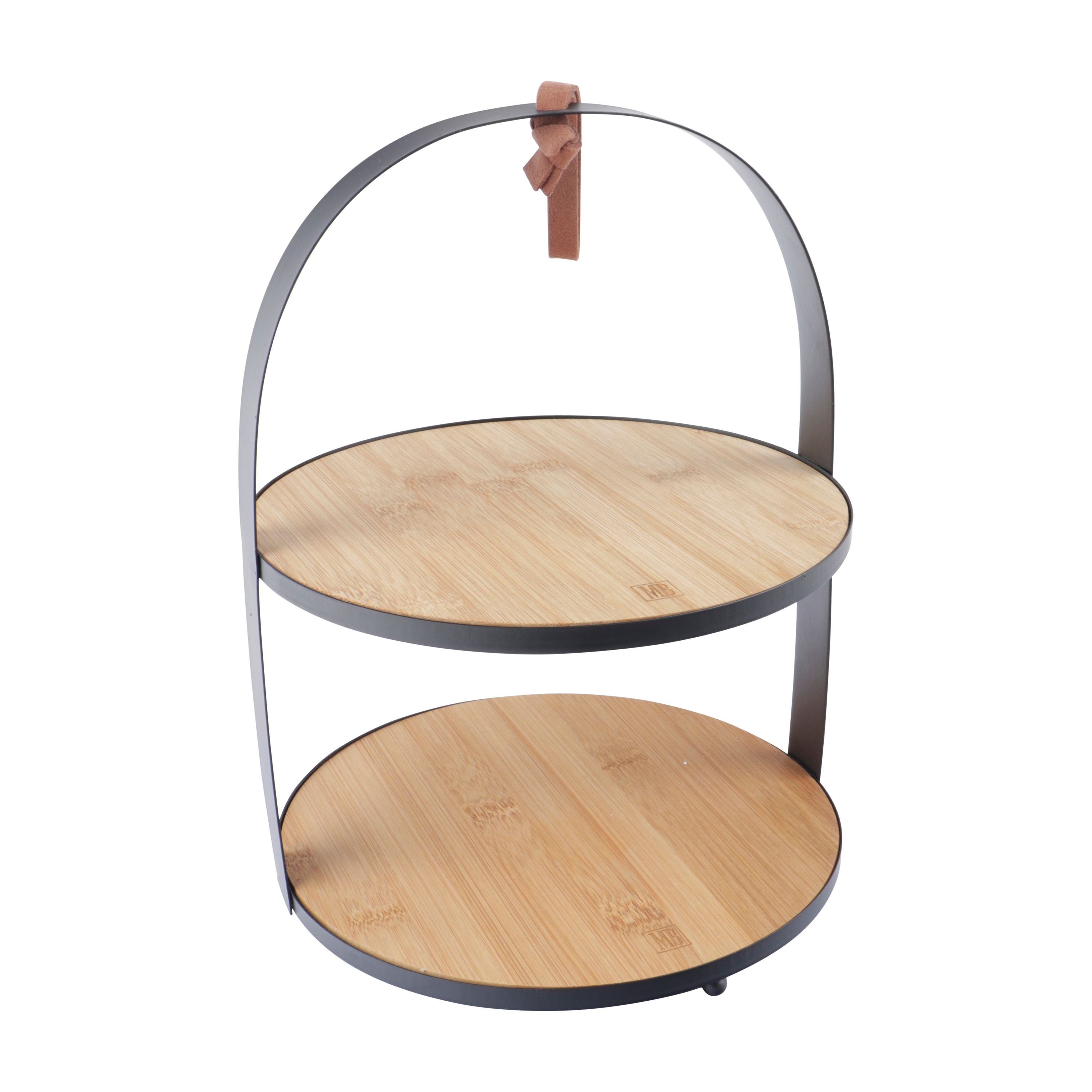 Afbeeldingen van Serveertray 2 laags met bamboe plankjes rond 19,5x26 cm 