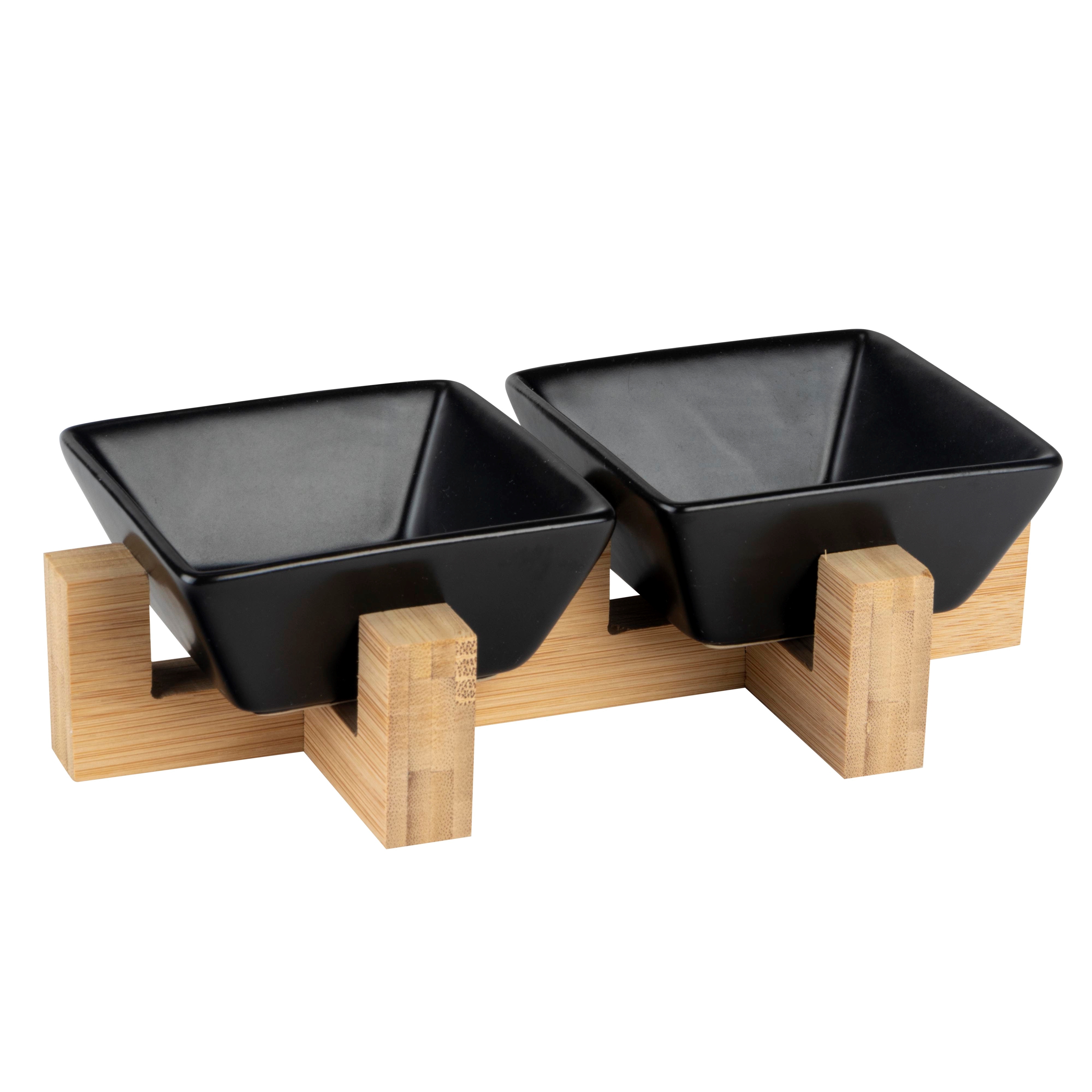 Afbeeldingen van Bamboehouder met 2 zwarte keramieken bakjes  (uc)
