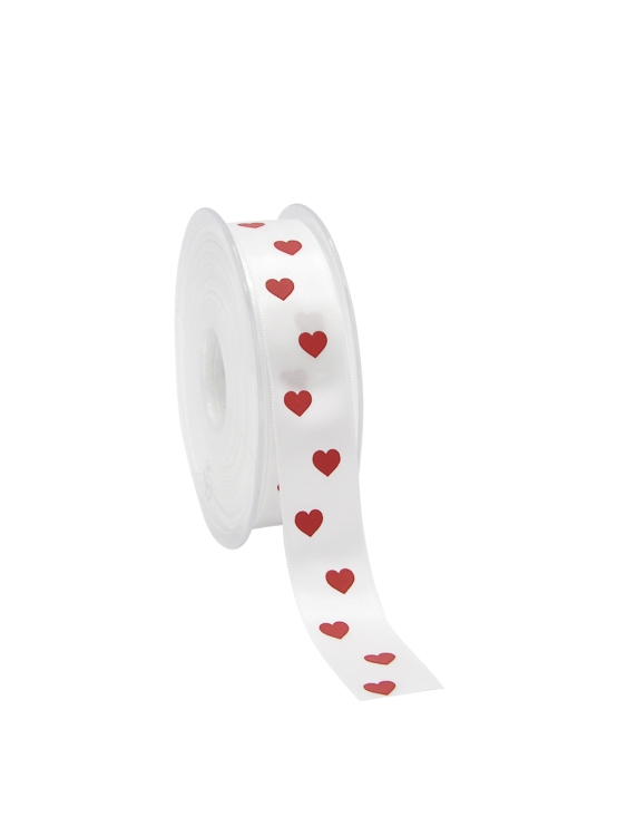 Afbeeldingen van Rol satijnlint 23 mm 25 mtr Hearts wit
