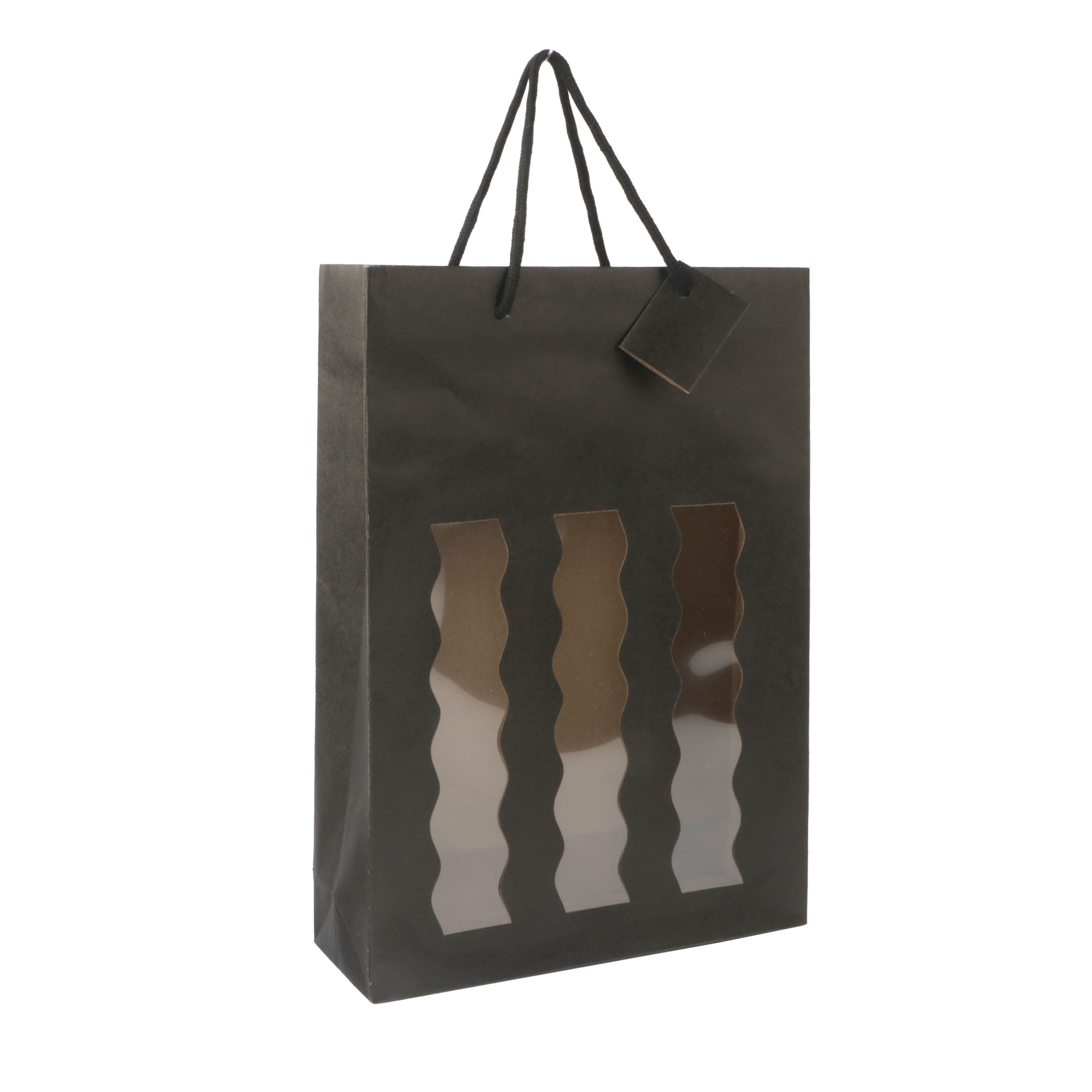 Afbeeldingen van Pak à 10 3 fles draagtas mat zwart met golvend venster  