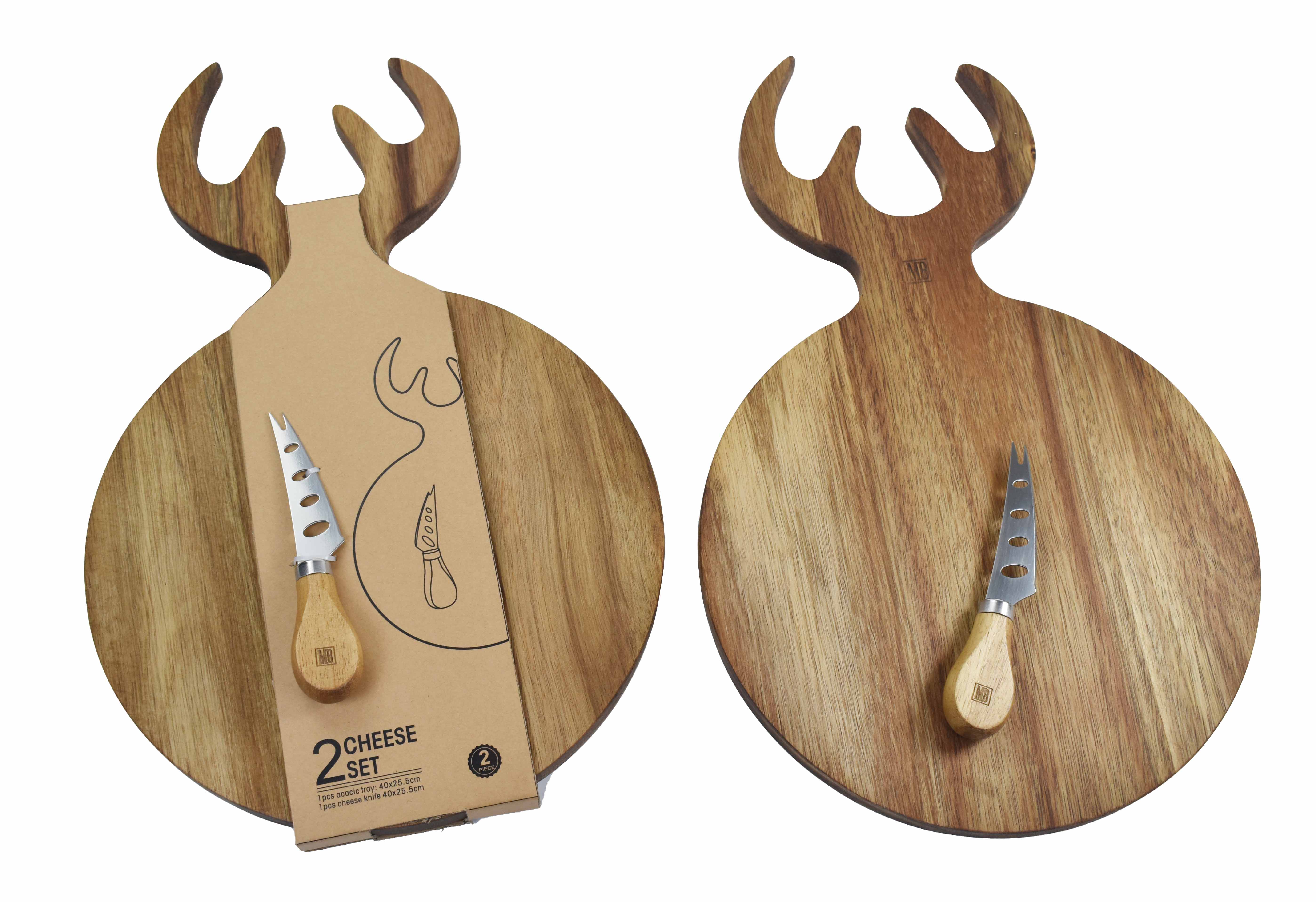 Afbeeldingen van Acacia snijplank 25,5x40x1,5 cm met mes en hertengewei  