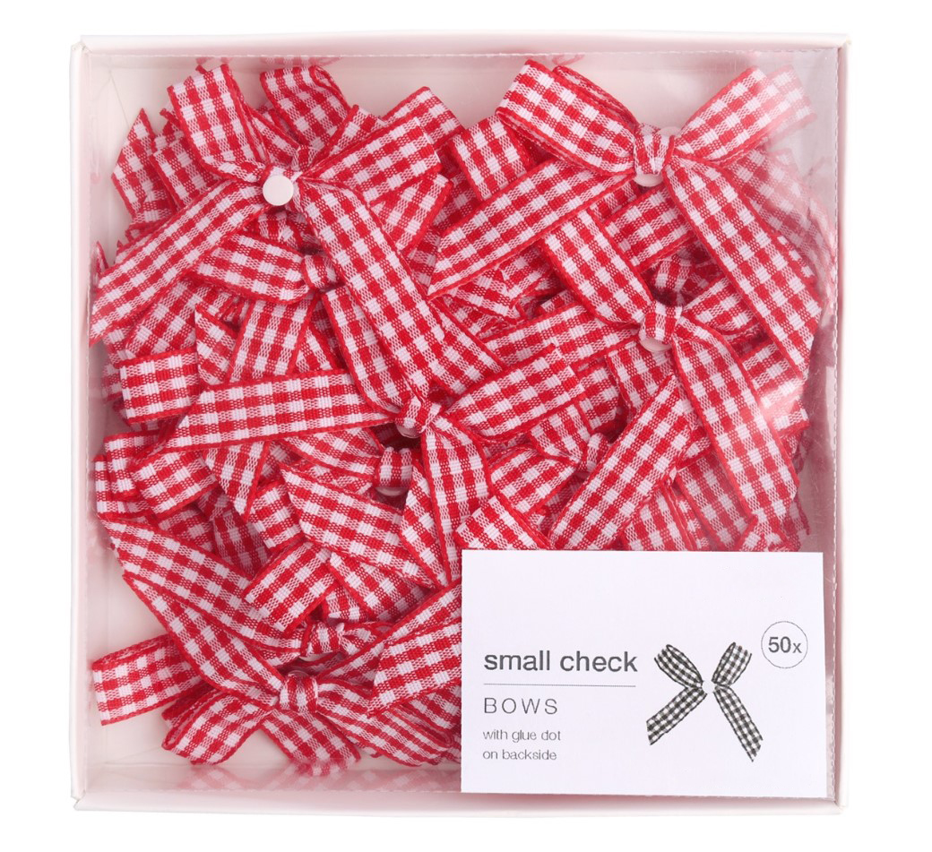 Afbeeldingen van Pak à 50 cadeaustrik satijn 5,5x5 cm ruit rood/wit met plakker