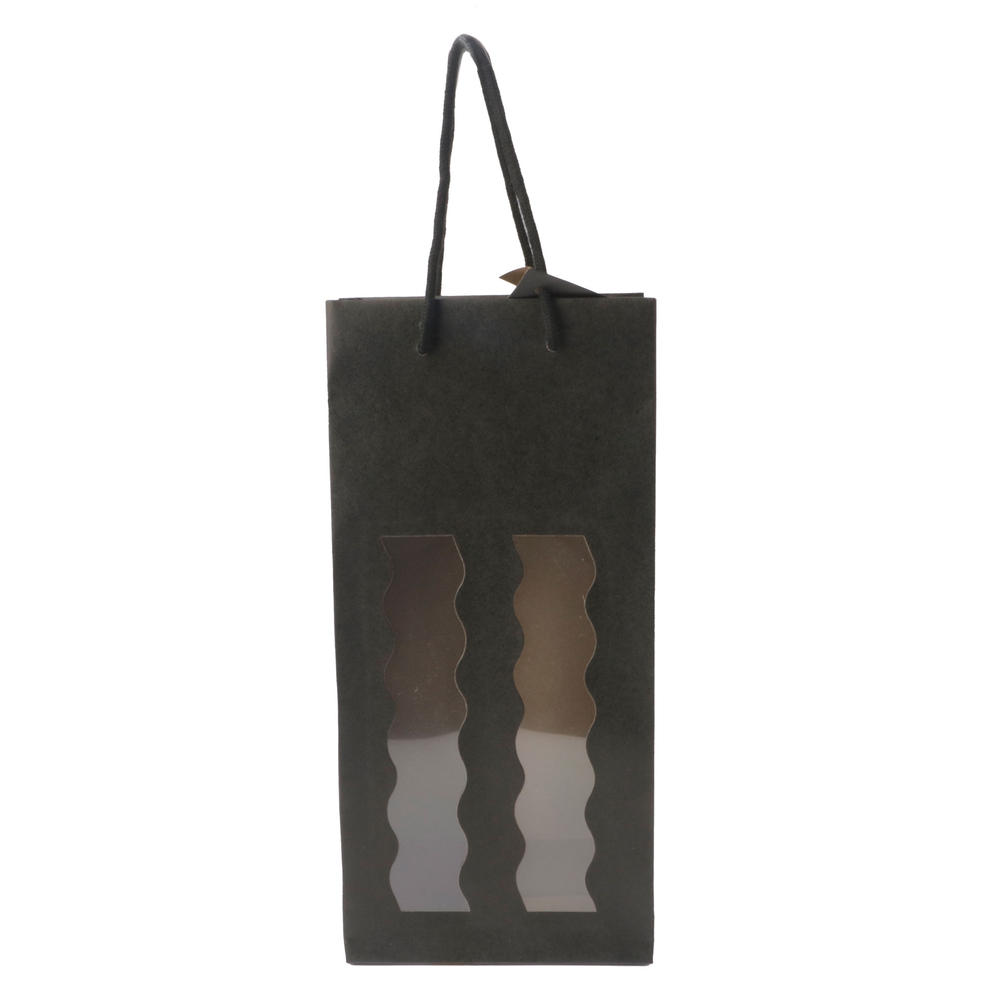 Afbeeldingen van Pak à 10 2 fles draagtas mat zwart met golvend venster 