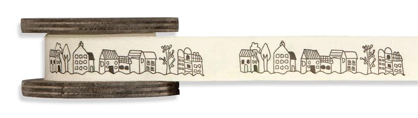 Afbeeldingen van Rol katoenlint op houten klos 25 mm 3 mtr Huisjes (uc)