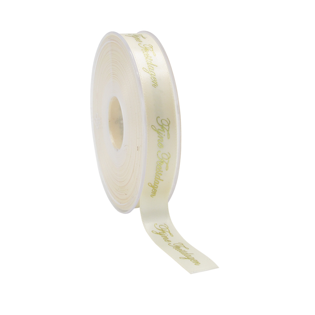 Afbeeldingen van Rol kerstlint satijn 15 mm 25 mtr crème Fijne feestdagen