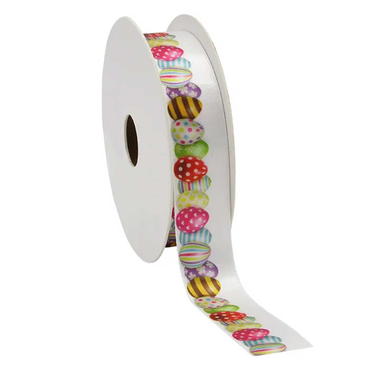 Afbeeldingen van Rol satijnlint 23 mm 20 mtr wit paaseieren multicolor (vs)