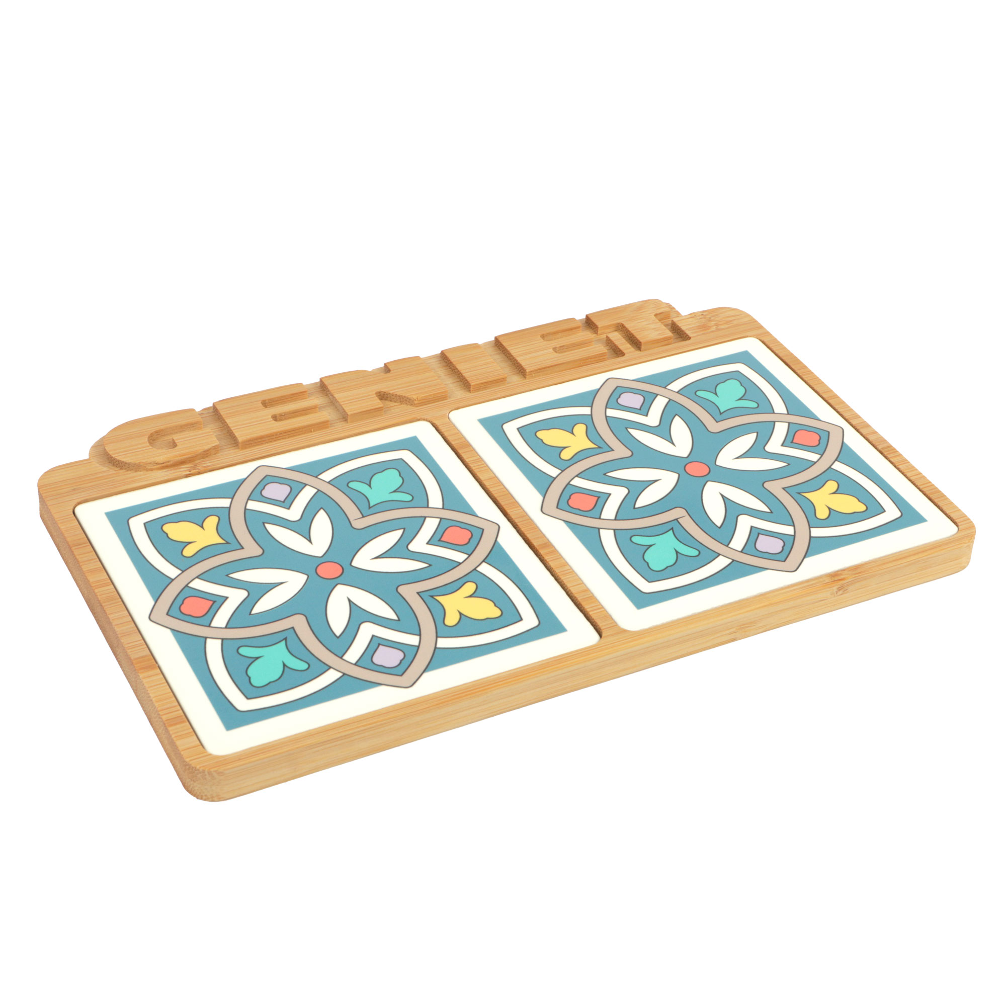 Afbeeldingen van Bamboe plank 22x13,5x1 cm met keramiek tegels Geniet 