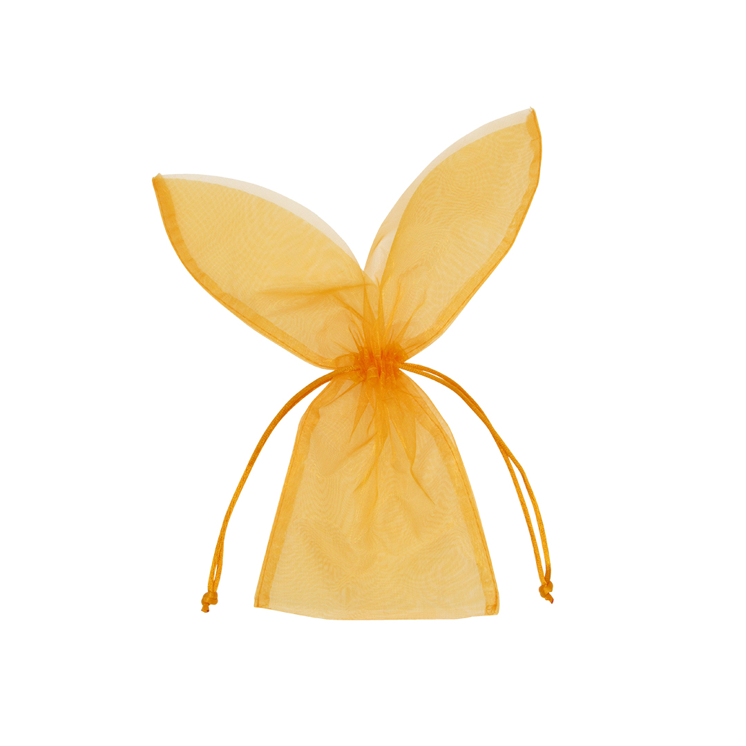 Afbeeldingen van Pak à 10 organza zak Paashaas 12x29 cm oranje met trekkoord