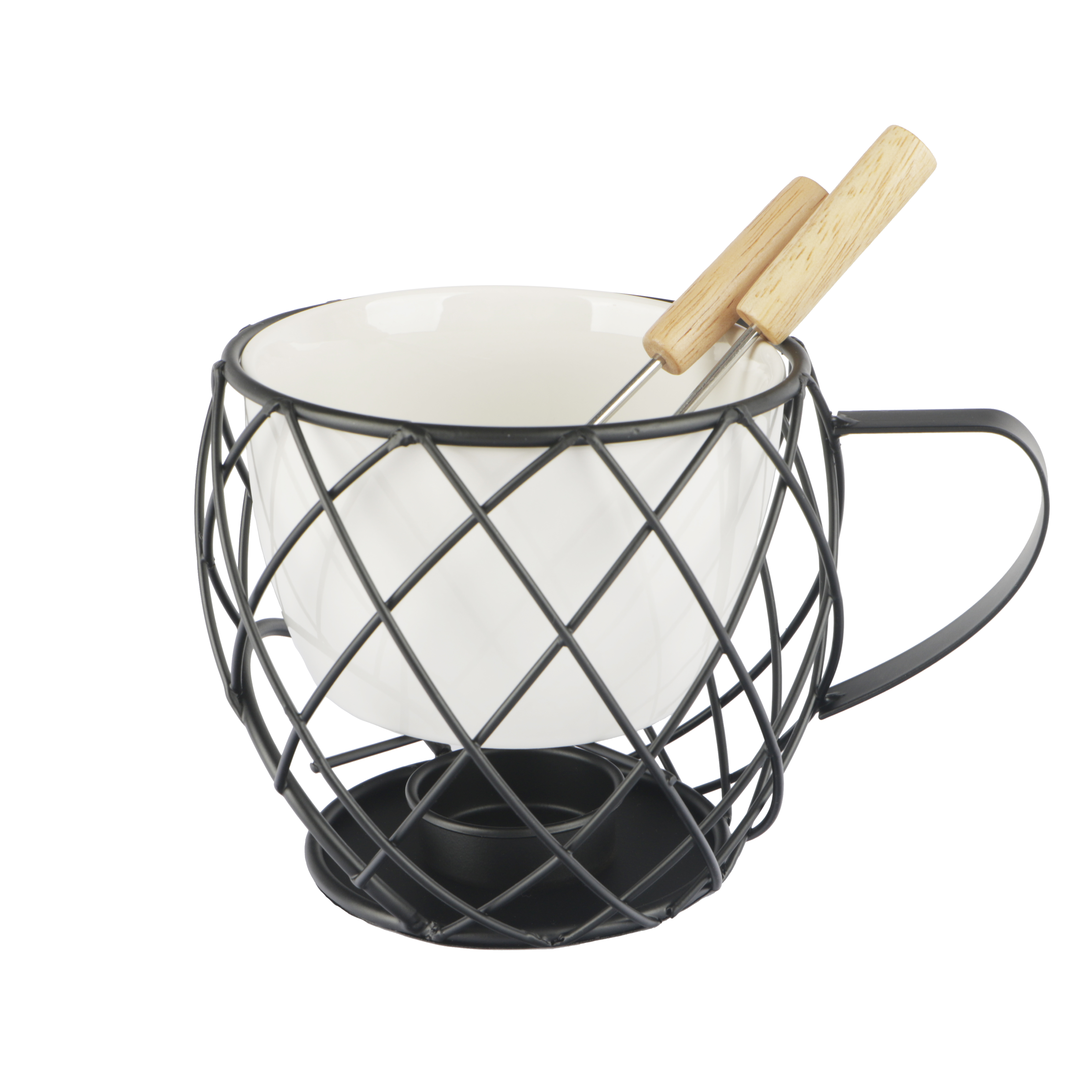 Afbeeldingen van Fondueset metaal/keramiek met 2 vorkjes  mat zwart/wit