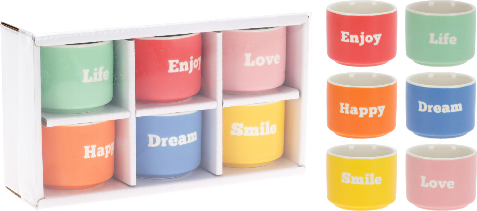 Afbeeldingen van Set à 6 bekers porselein 60 ml assorti kleur en tekst