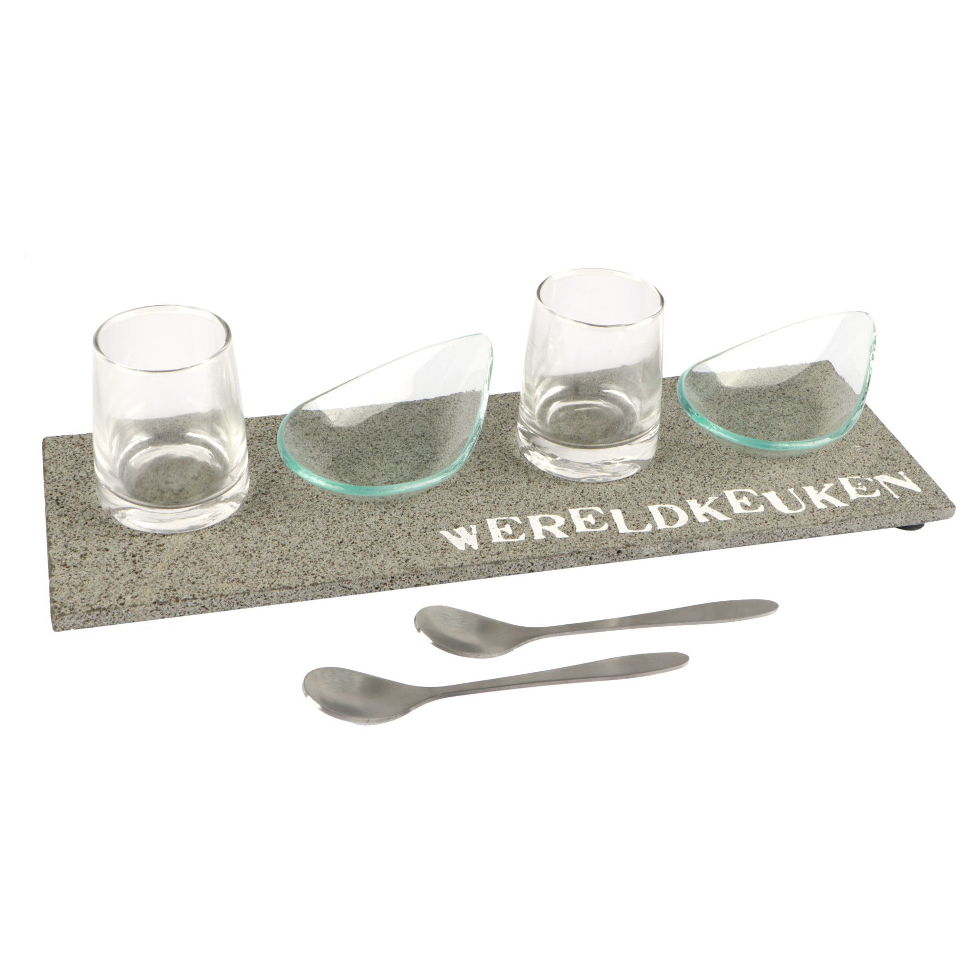 Afbeeldingen van Leisteen amuse plank 10x30x1 cm 4 glaasjes (uc)