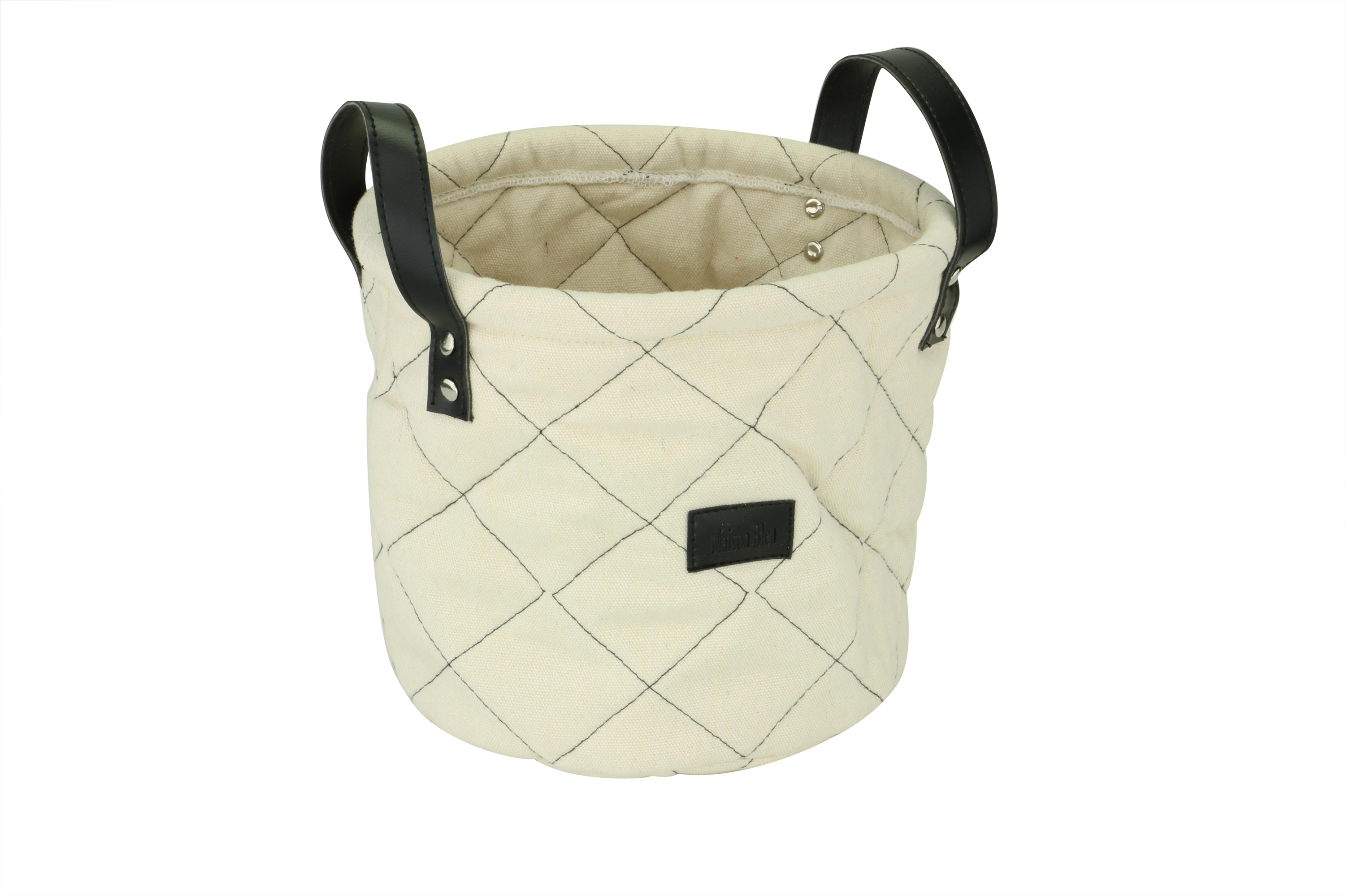 Afbeeldingen van Katoenen mand rond 20x20 cm zwart stiksel met grepen