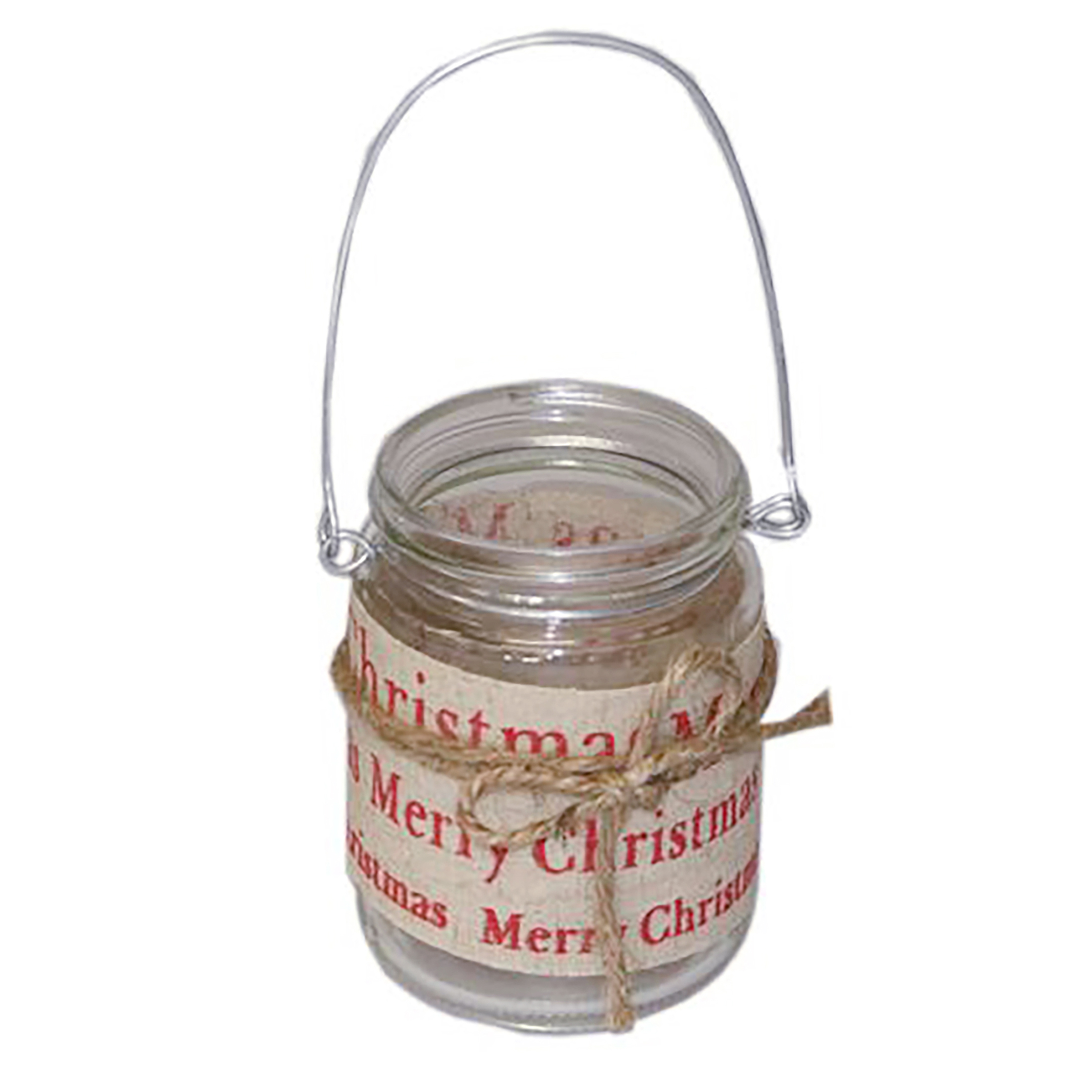 Afbeeldingen van Glazen waxinelichthouder met kerstjute en strik 8x11 cm