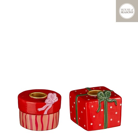 Afbeeldingen van Kaarshouder cadeau 7x7x5 cm rood roze assorti