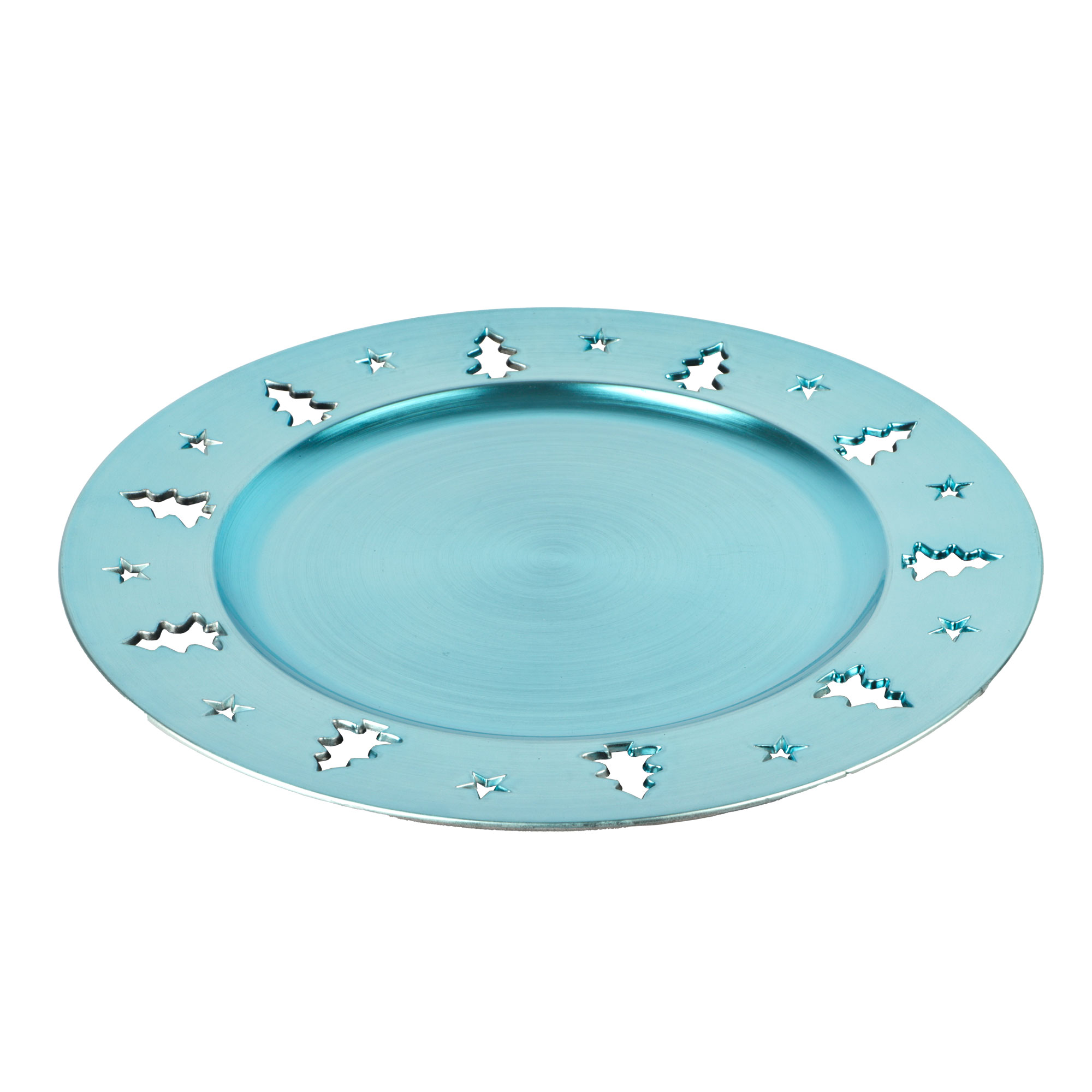 Afbeeldingen van Kunststof onderbord 33 cm blauw, kerstbomen en sterren