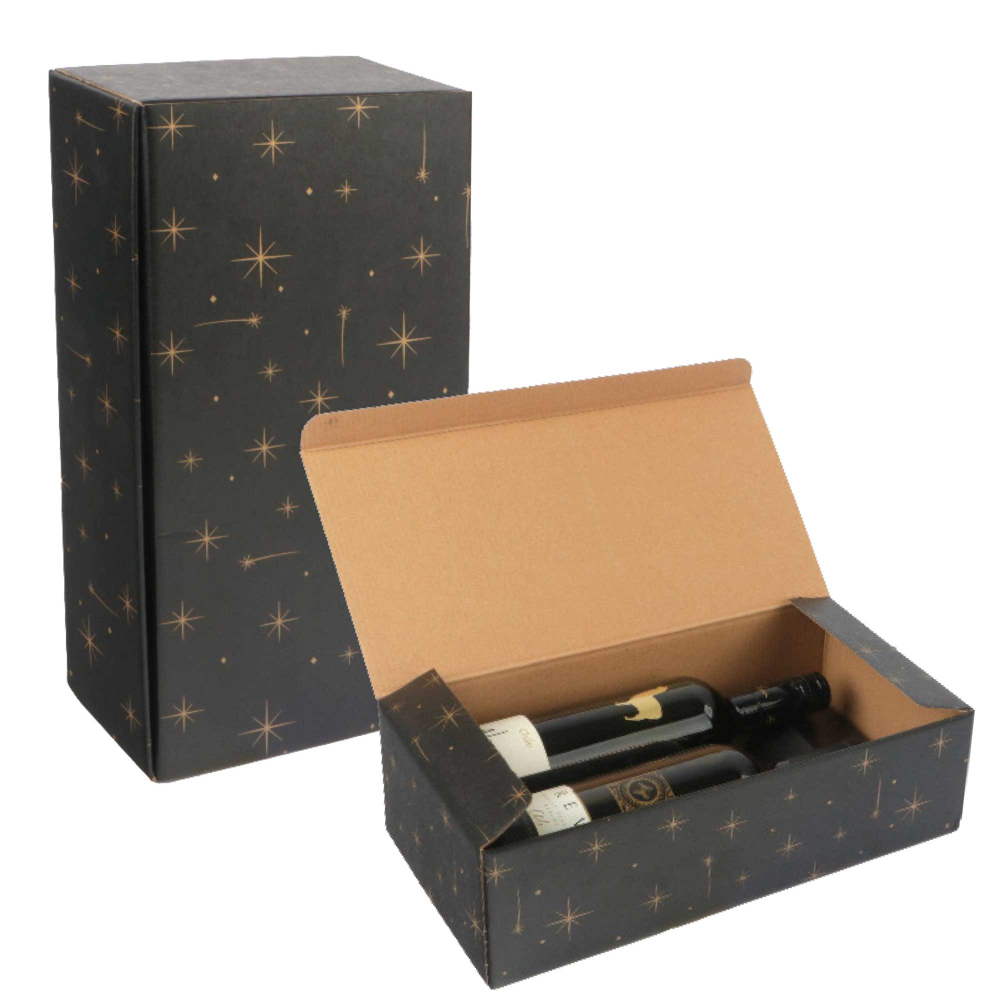 Afbeeldingen van Ds à 30 geschenkdoos 2 fles 34x18x9,5 cm zwart met sterren 