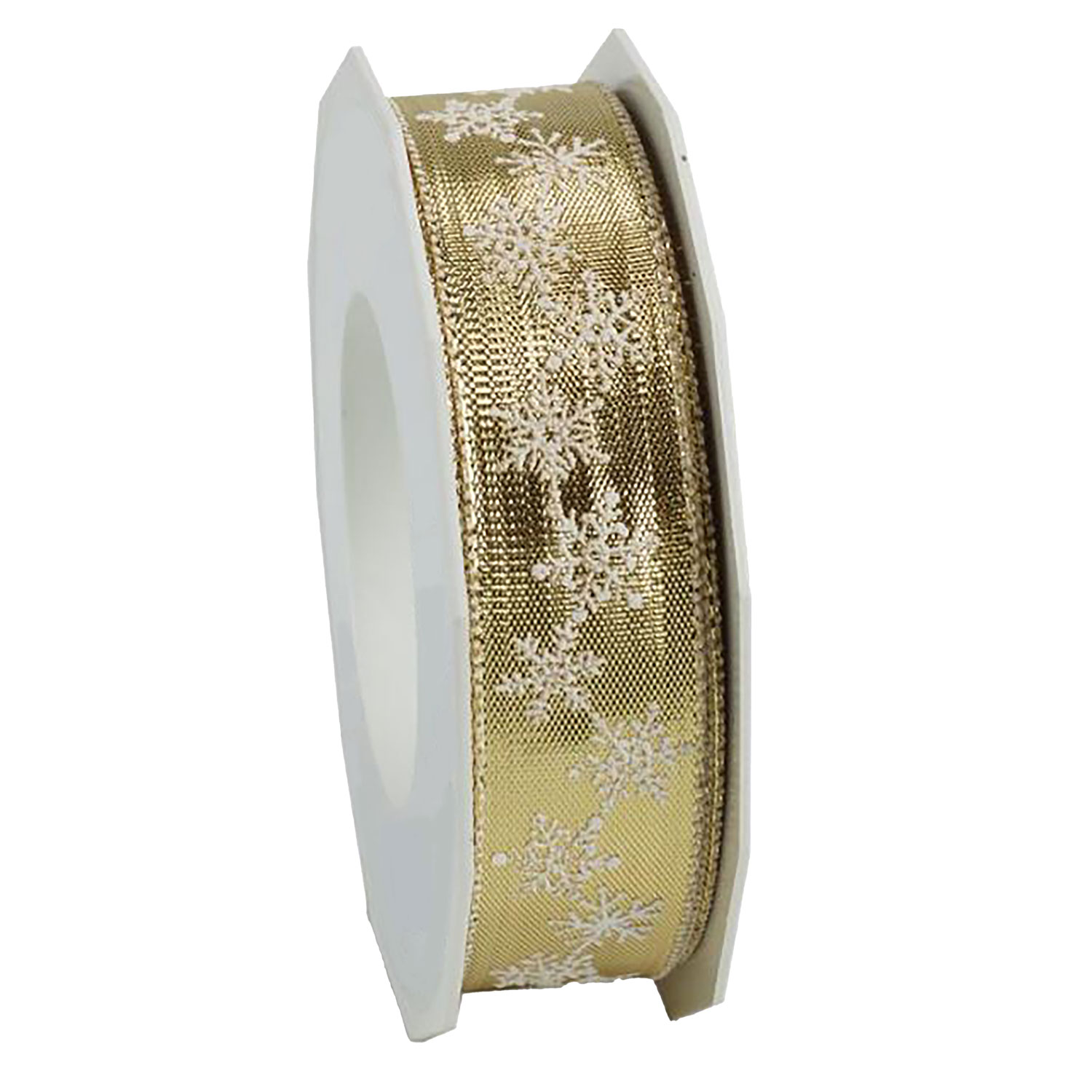 Afbeeldingen van Rol textiellint 25 mm 20 mtr sneeuwvlok goud