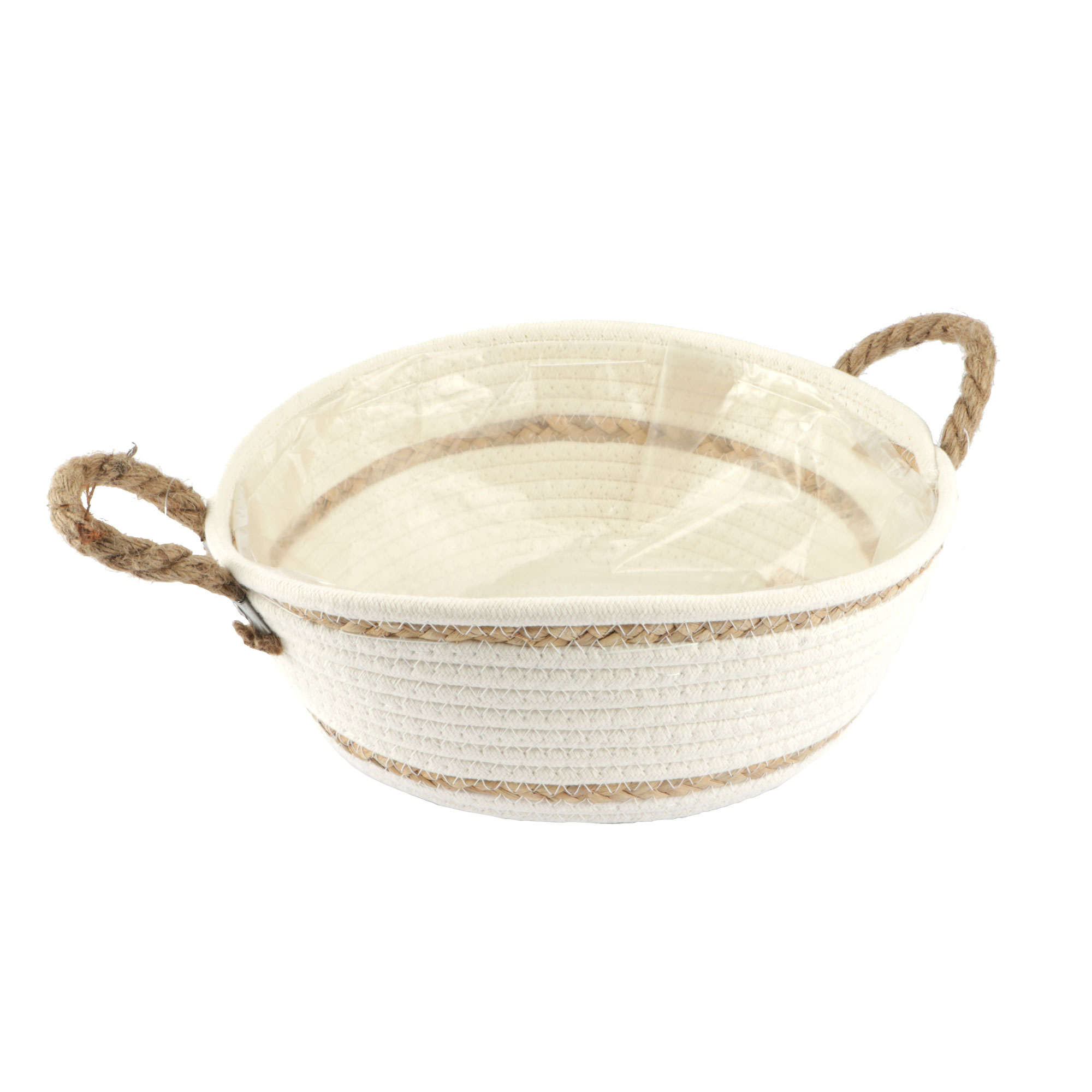 Afbeeldingen van Mand geweven textiel met touwgrepen en zeegras bies 30x11 cm